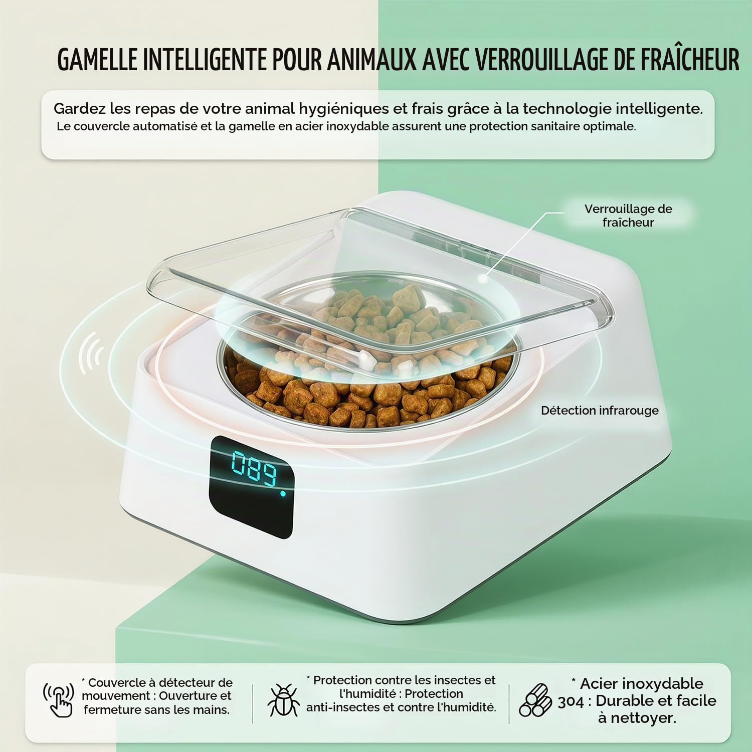 Mangeoire automatique pour chats, 350 ml, avec capteur infrarouge, gamelle automatique avec couvercle à charnière, pour chiens et chats de petite et moyenne taille, pour nourriture humide et sèche