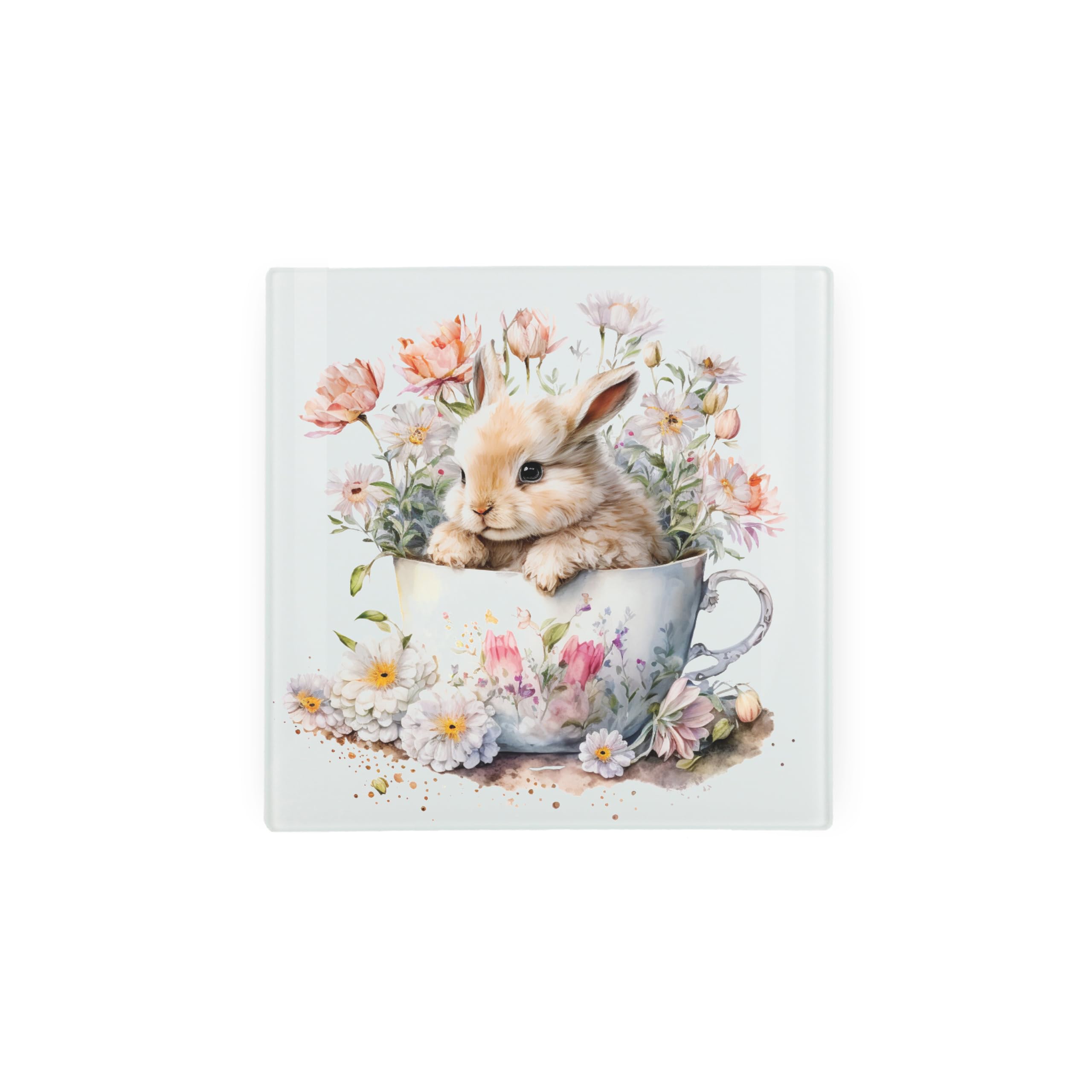 Teacup Bunny Glass Hot Pot Stand Trivet, Spring Themed Floral Gifts