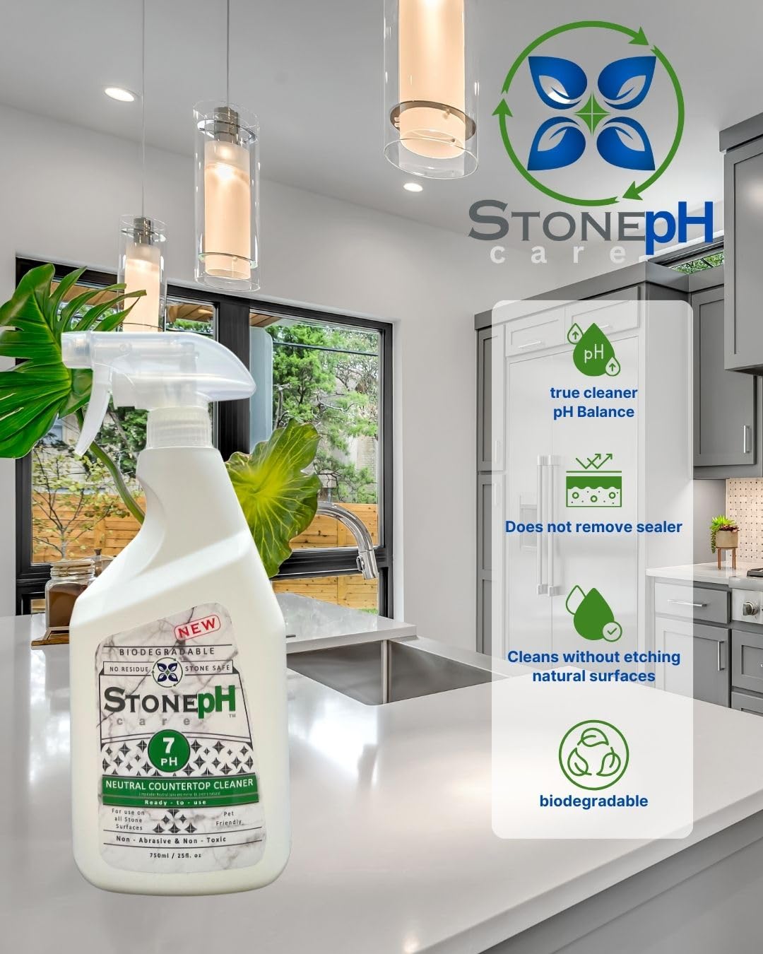 Limpiador de encimeras neutro para superficies de limpieza de cocina y hogar: seguro, verde, aerosol, mármol, granito, cuarzo, travertino, no abrasivo y no tóxico, biodegradable, limón (25