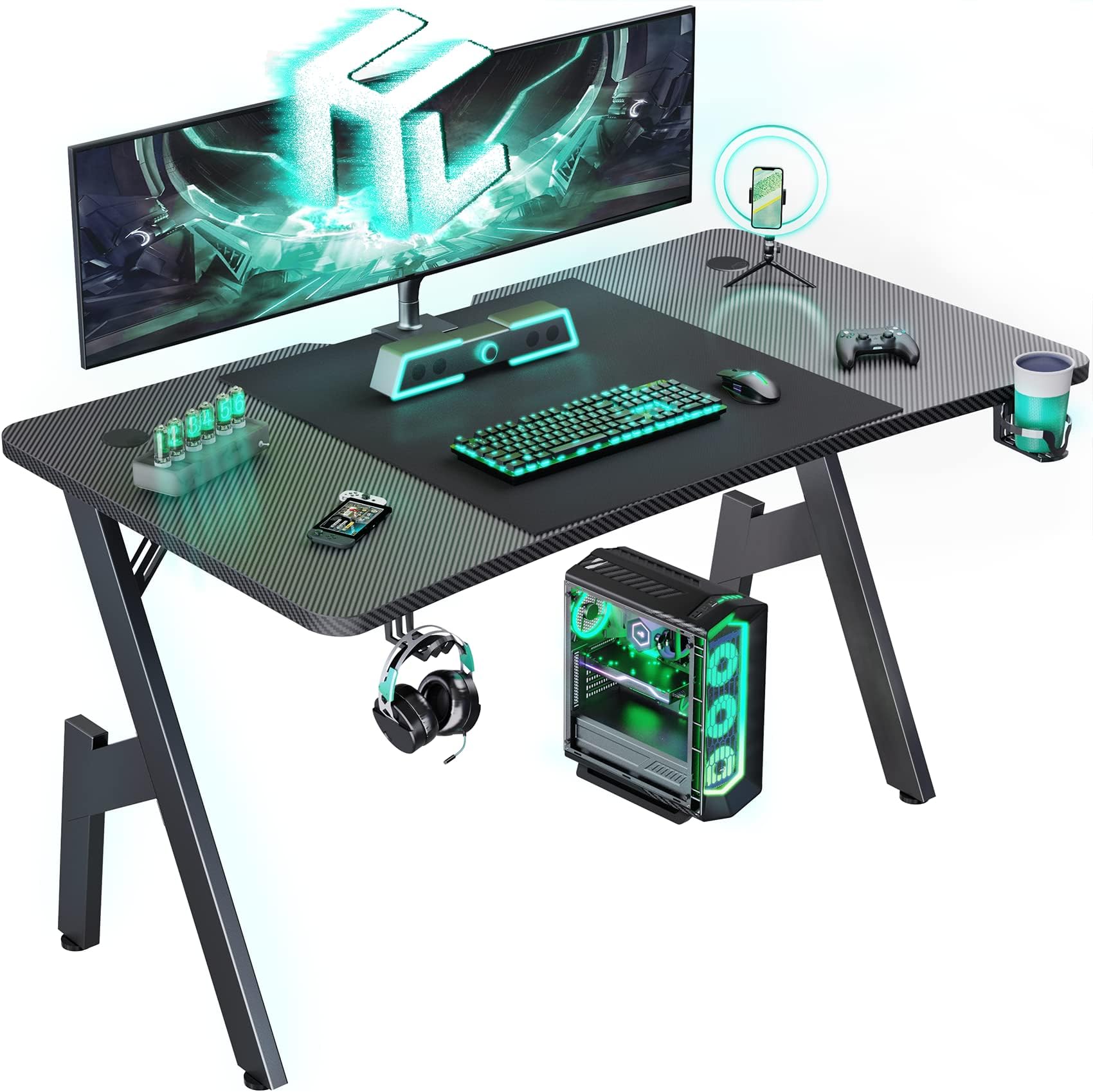 HLDIRECT 55 Inch Gaming Desk, Large Computer Desk Gaming Table with Cable Management, Ergonomic Carbon Fiber Gamer Table Pc Work Home Office Desks with Cup Holder & Headphone Hook & Mouse Pad, Black