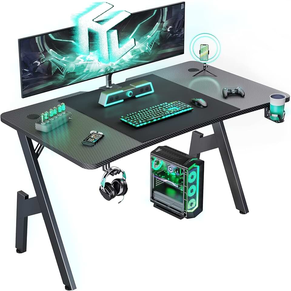 HLDIRECT 55 Inch Gaming Desk, Large Computer Desk Gaming Table with Cable Management, Ergonomic Carbon Fiber Gamer Table Pc Work Home Office Desks with Cup Holder &amp; Headphone Hook &amp; Mouse Pad, Black The Forest Stewardship Council