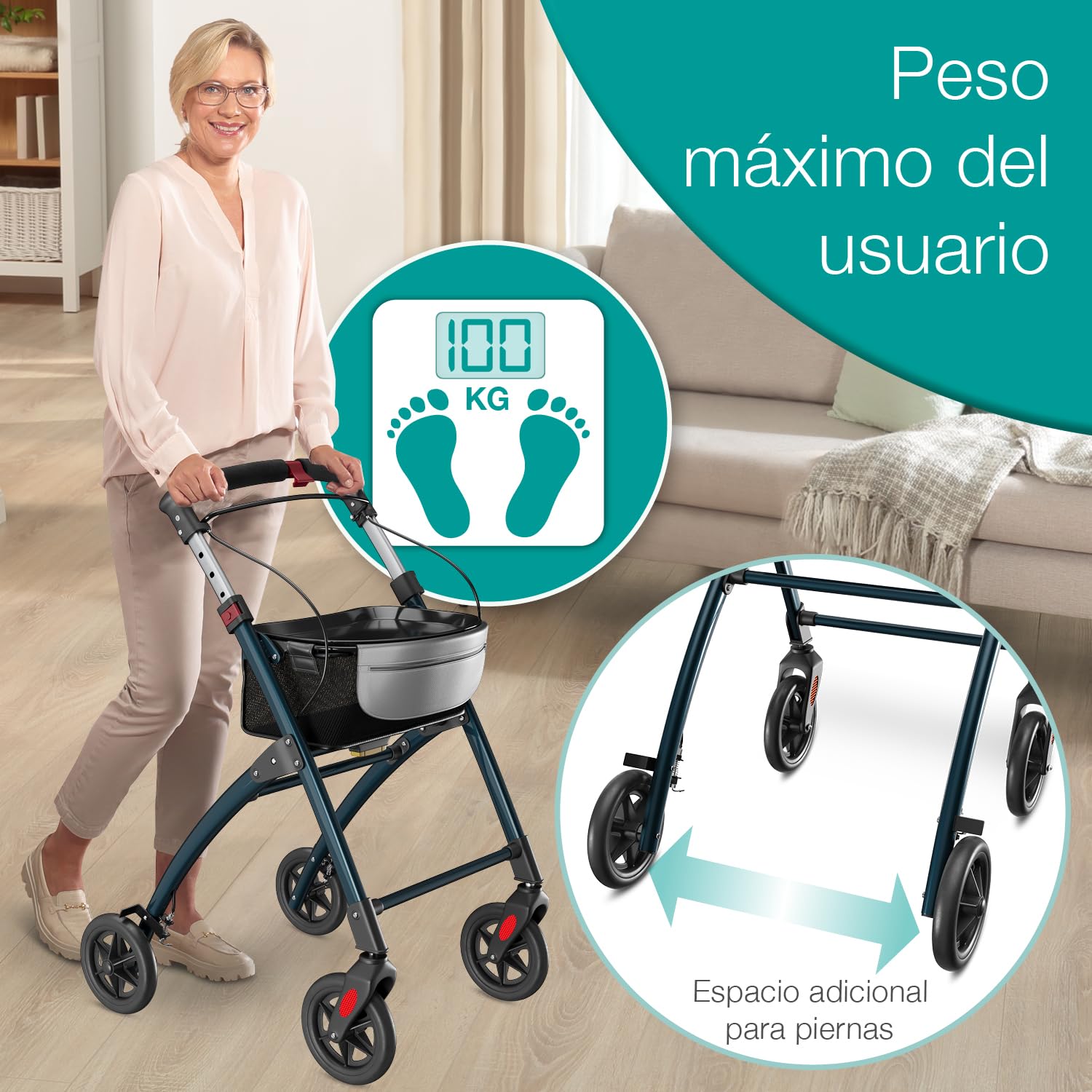 ELONEO Andador para Ancianos con 4 Ruedas - Plegable, Ligero y Compacto, Andador Adulto para Interiores, Ancho 54 cm, Incluye Bandeja y Cesta de Tela, Ayuda a la Movilidad de Aluminio Antracita
