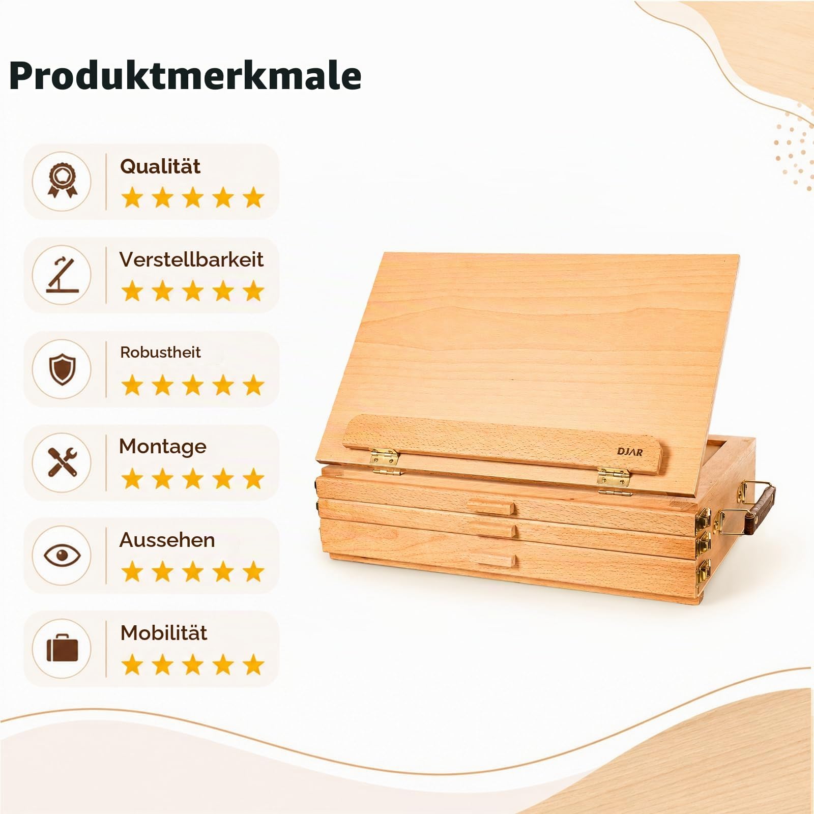 DJAR Tischstaffelei Holz mit 3 Schublade, Tisch-Skizzenbox aus Buchenholz, tragbare Künstler-Staffelei Tisch mit Aufbewahrungsbox für Erwachsene, Studenten, Teenager | Stabile Schreibtisch-Skizzenbox aus Buchenholz, für Erwachsene, Künstler und Studenten