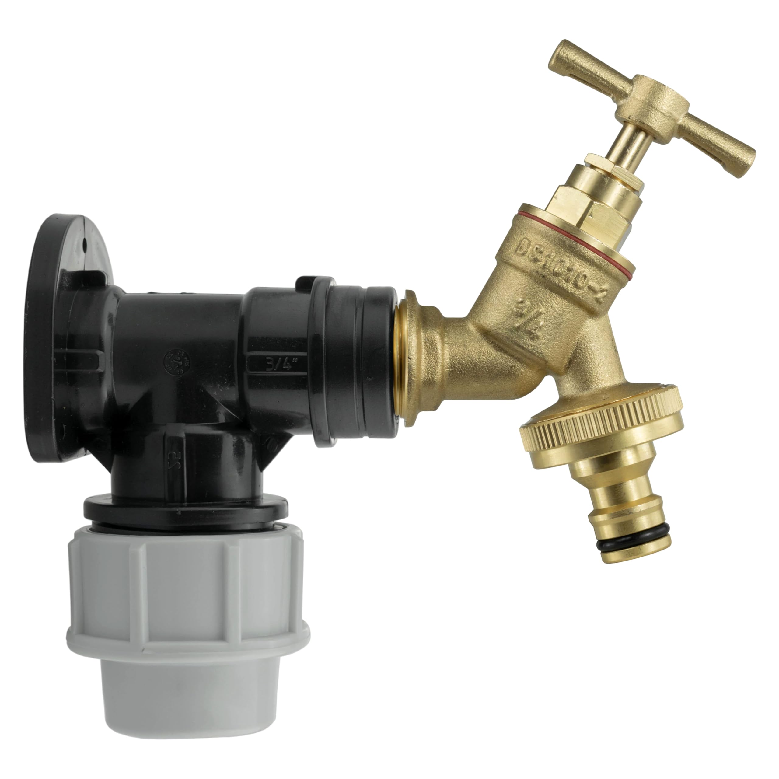 25mm MDPE Wall Flange Kit - Wall Plate Elbow with 3/4" Brass Garden Tap & Hozelock Compatible Hose Connector - Easy to Install Water Hose Fitting for Garden, Backyard, Farmhouse, Irrigation, Watering