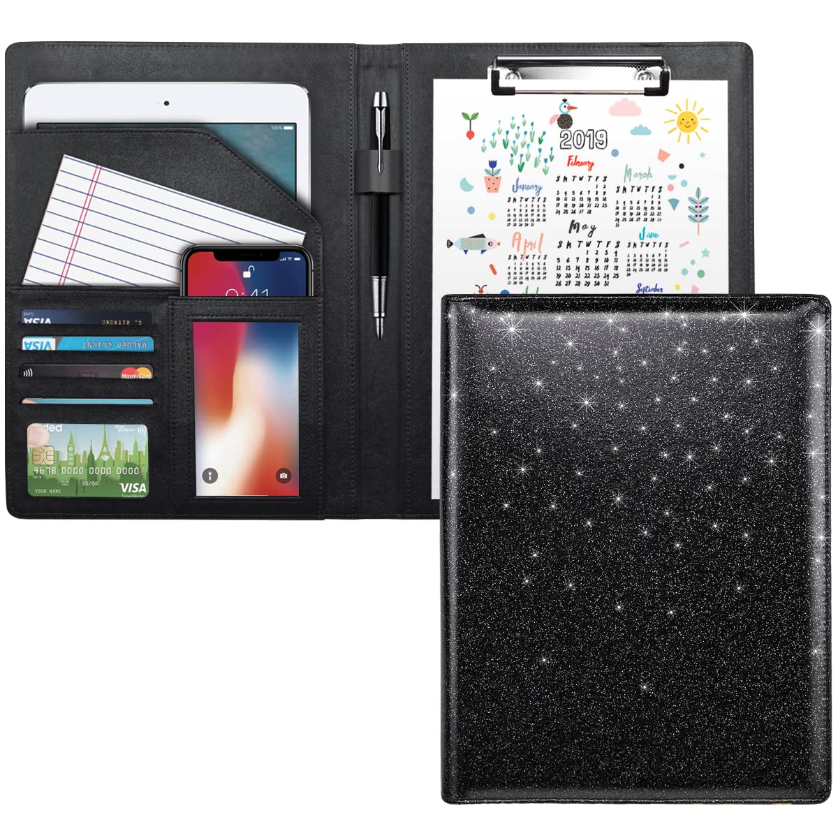 WAVEYU Glitter Portfolio Case, Bling Padfolio Cover for Women, Conference/Resume/Legal Document Organizer with Letter/A4 Size Clipboard Hardboard, Business Card Holders, Black — image 1