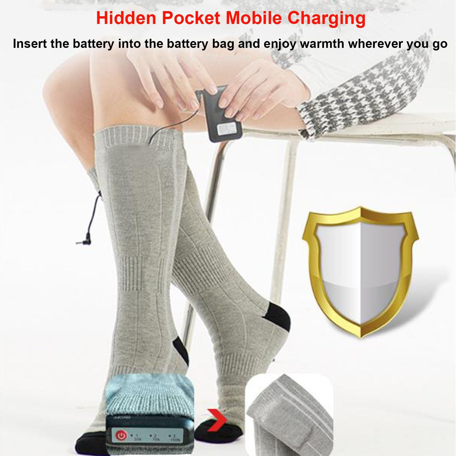 Calze Riscaldate a Batteria per Uomo e Donna, 2×4000mAh Calze Termiche Ricaricabili, 3 Livelli di Riscaldamento, per Sci, Inverno, Caccia, Campeggio