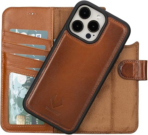VENOULT Wallet Case Compatible with iPhone 14 Pro MAX / 15 Pro max / 13 Pro / 13 Pro MAX / 13 Mini and All, Genuine Leather Magnetic Detachable