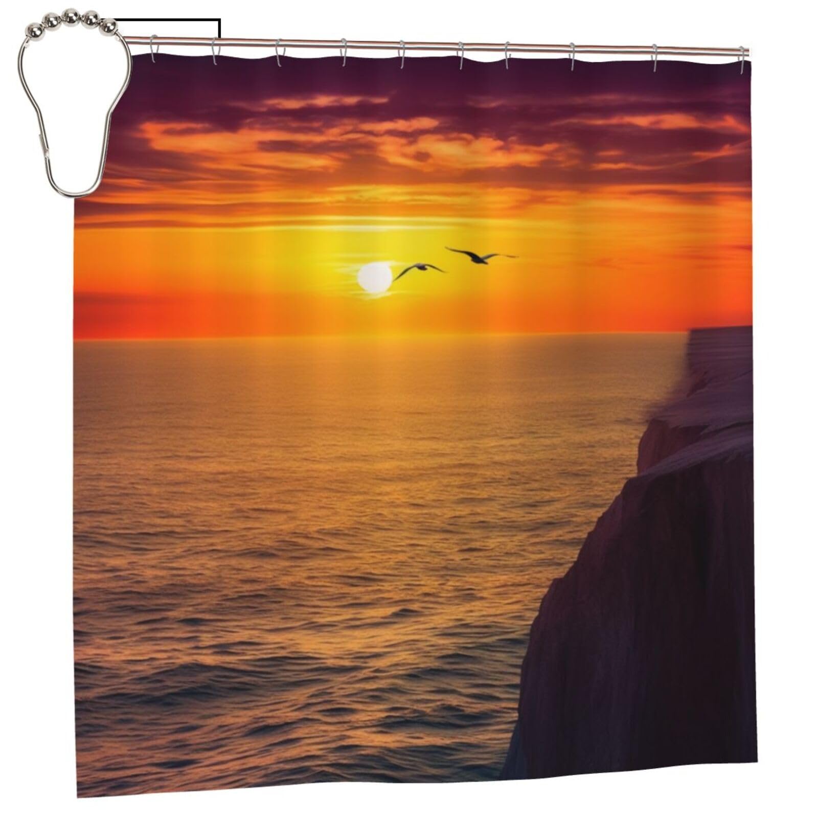 BWWHCCTI Beautiful Sunset Sea Printed Shower Curtain With 12 Iron Hooks Opaque Quick Drying Waterproof Shower Curtains Sets For Bathroom 183x183 CM