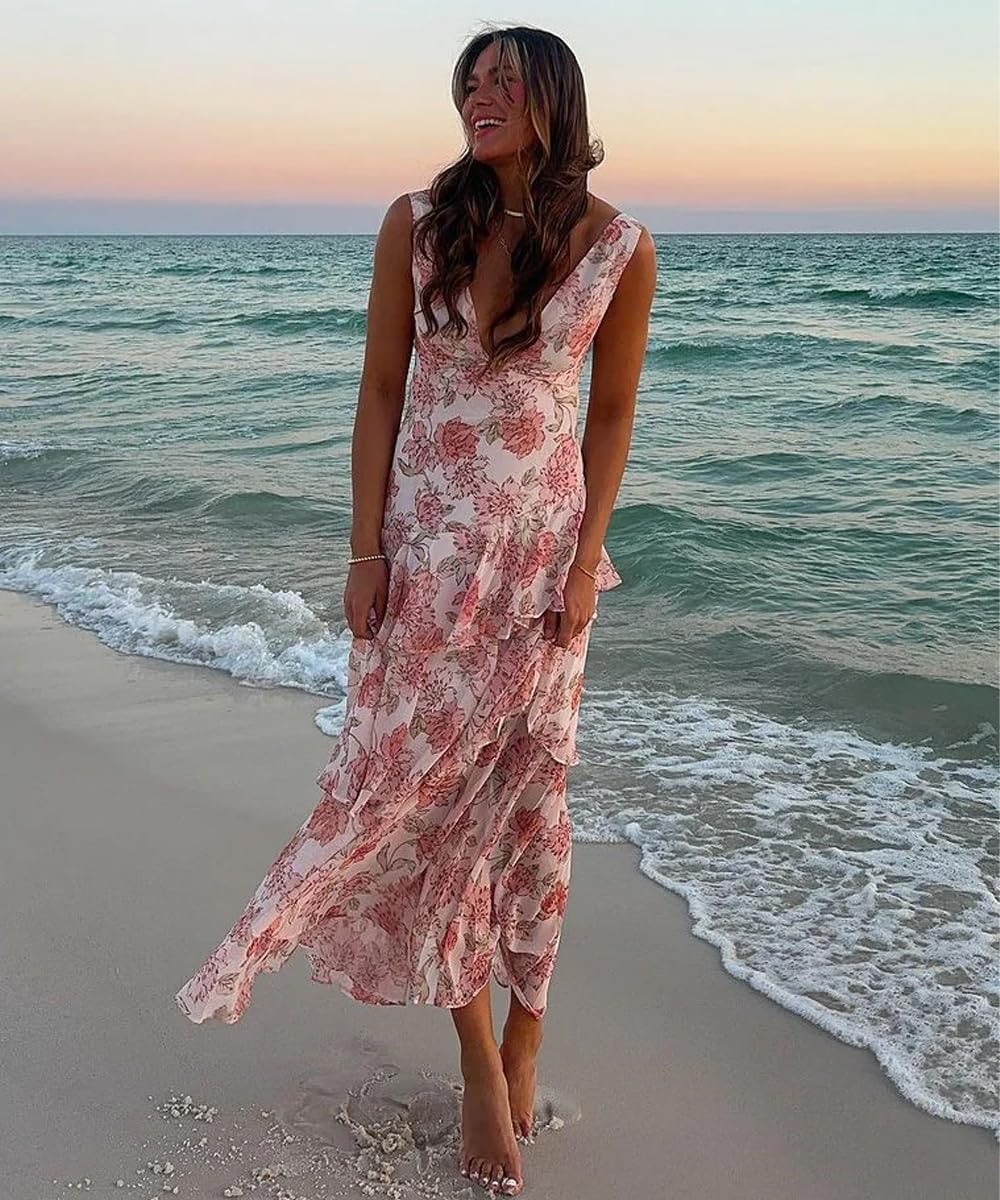 Women's Floral Maxi Dress Sexy Deep V Neck Backless Ruffles Dresses Beach Party Wedding Guest Dress - Image 7