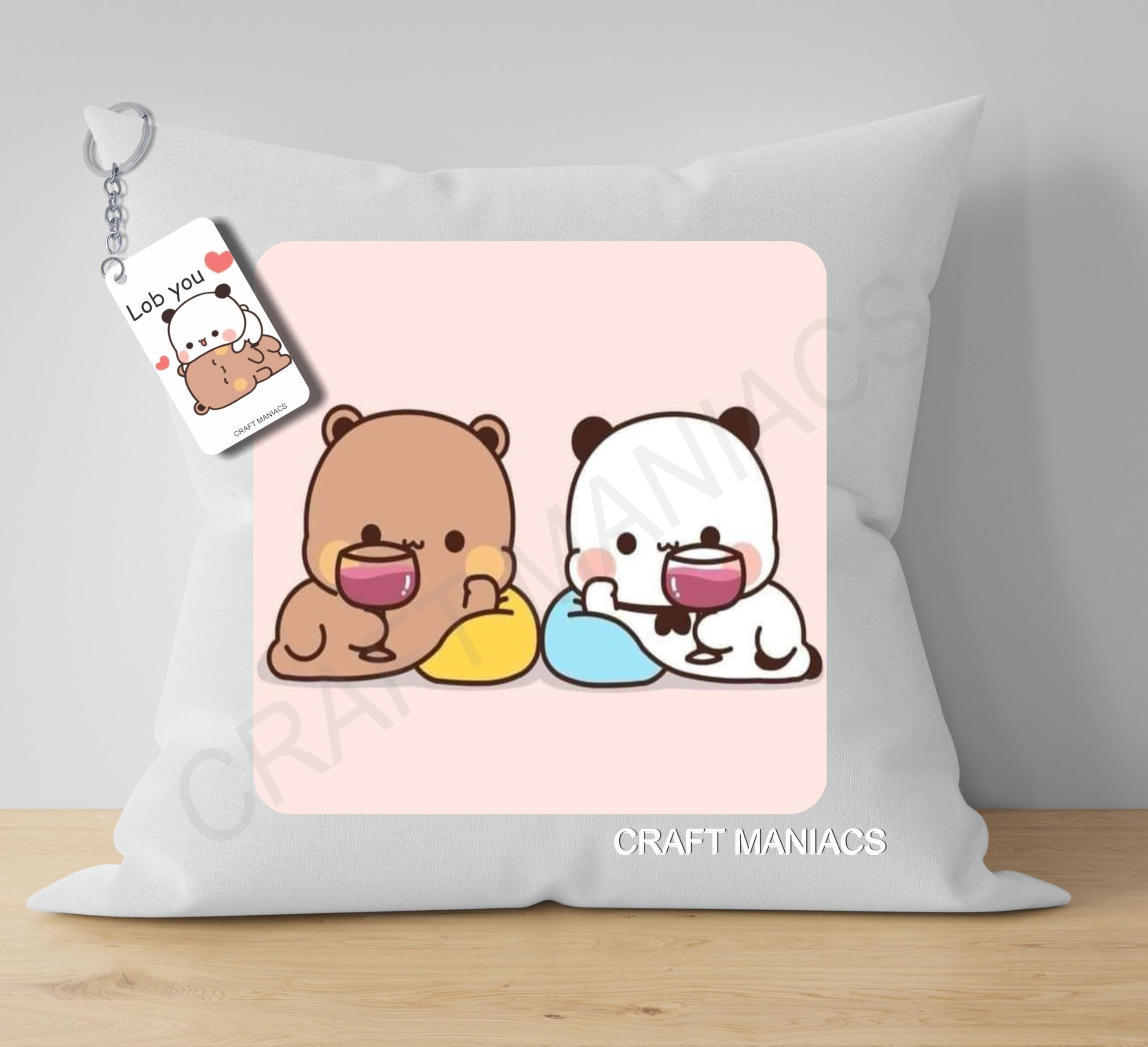 Bubu Dudu Wine & Dine Pillow Keychain Combo : A 16 * 16 Pillow with Filler Inside & Free Wooden MDF Keychain-image-47