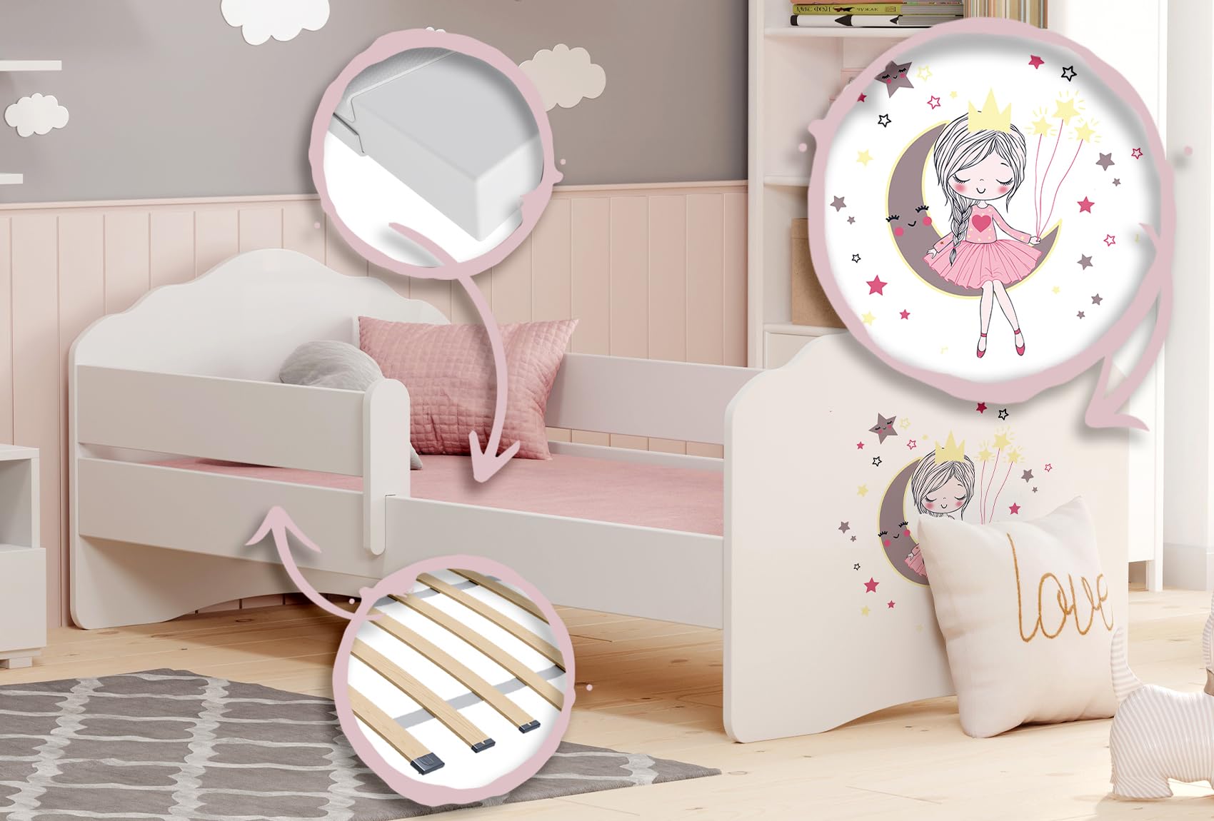 KOBI Fala Kinderbett mit Rausfallschutz | 160 x 80 cm | Kinderbetten mit Matratze Komplett Set | Einzelbett Kinder Bett | Mädchen Junge | Modern Weiss Kids Bed Children | Kinderzimmer Schlafzimmer