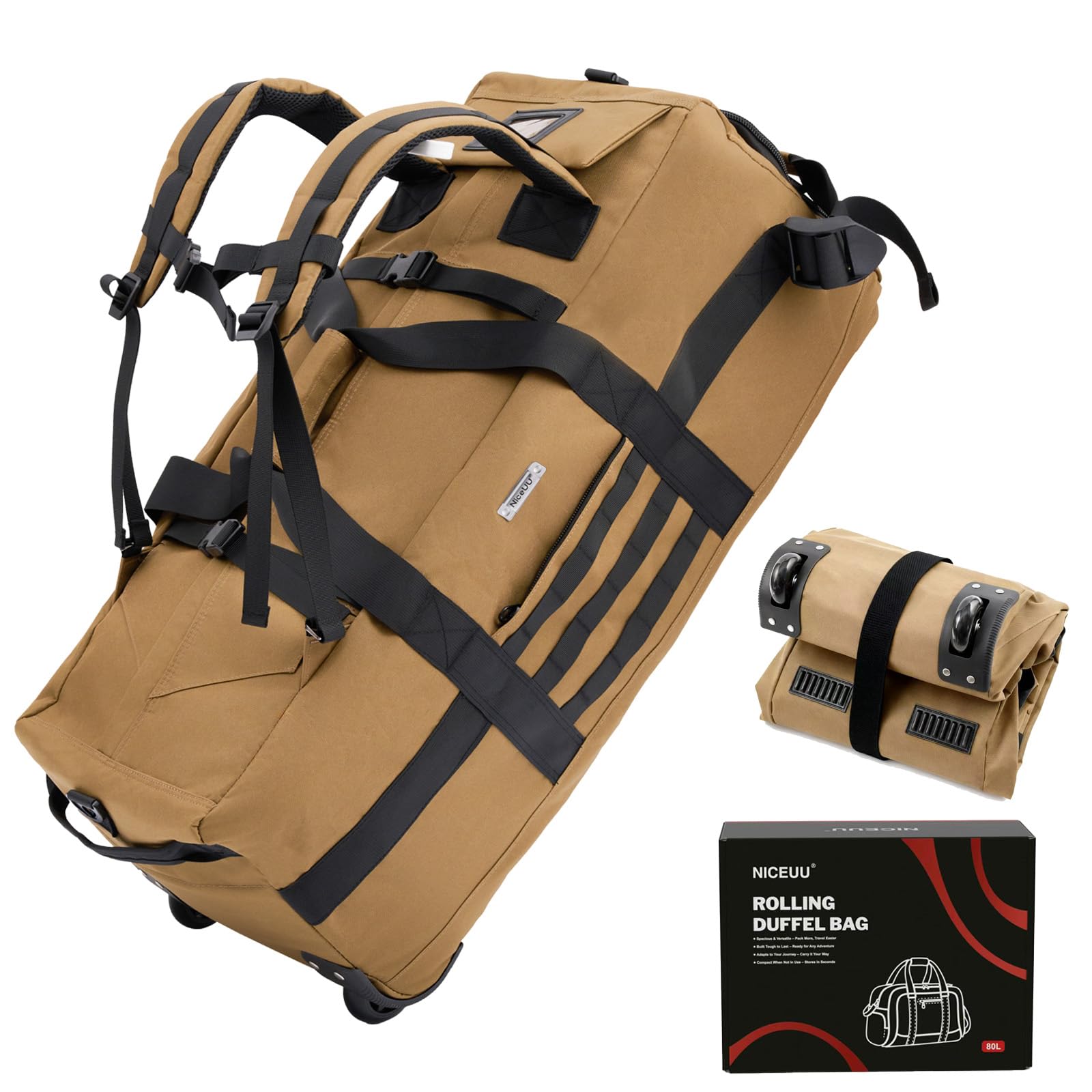 80L Rolling Duffel Bag with wheels Travel Duffle Bag Large Wheeled Travel Duffel Luggage with Rollers Khaki Adjustable