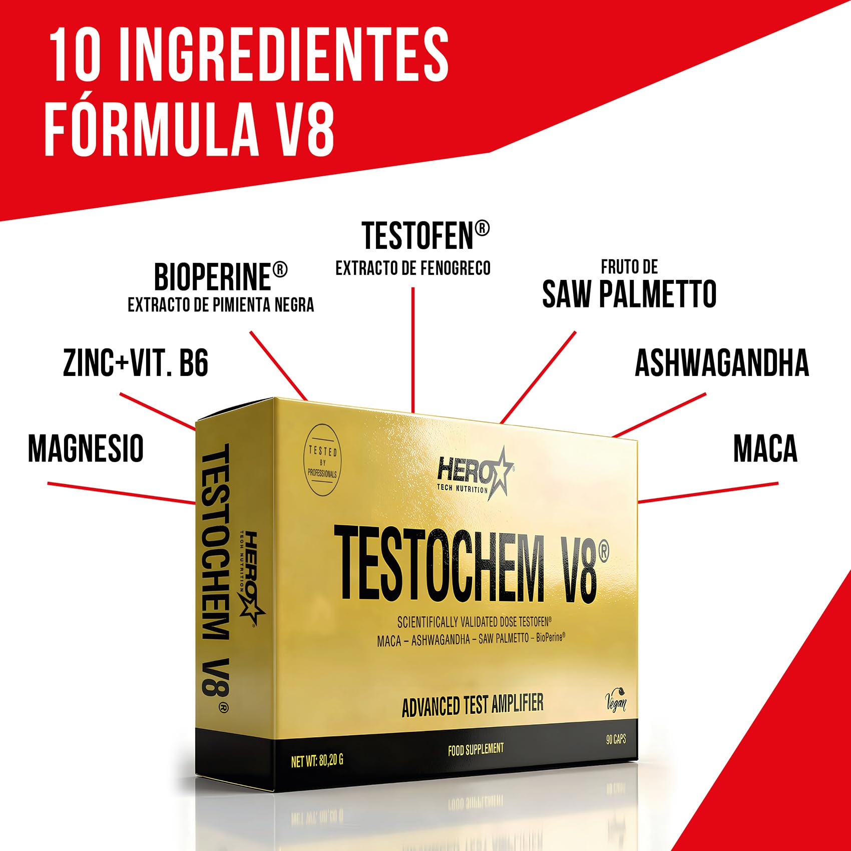 HERO TECH | TESTOCHEM V8 90 Cáps. | Aumentador de testosterona | Aumento de fuerza y energía | Ingredientes 100% naturales