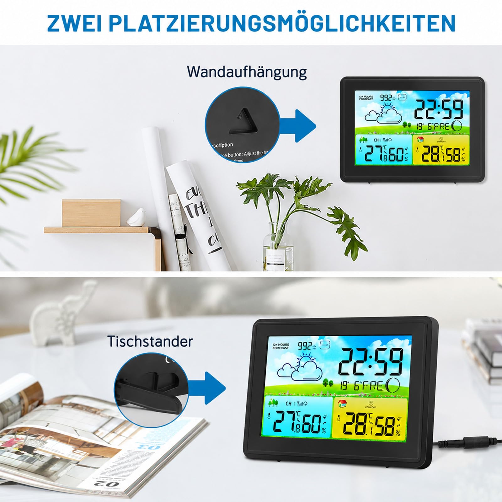 Bezprzewodowa stacja pogodowa z czujnikiem zewnętrznym, temperatura/wilgotność wewnątrz i na zewnątrz, bezprzewodowa stacja pogodowa z prognozą pogody, barometrem i fazami księżyca, kolorowy wyświetla