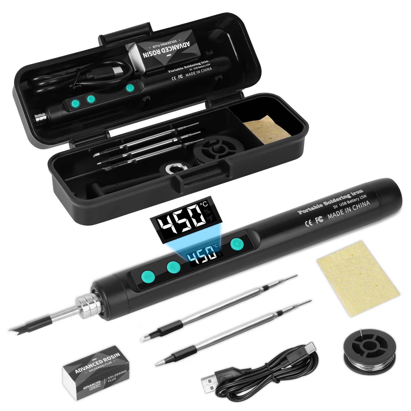 Kit di Saldatura Ricaricabile USB 180-450℃ Senza Fili con 3 Punte di Ricambio