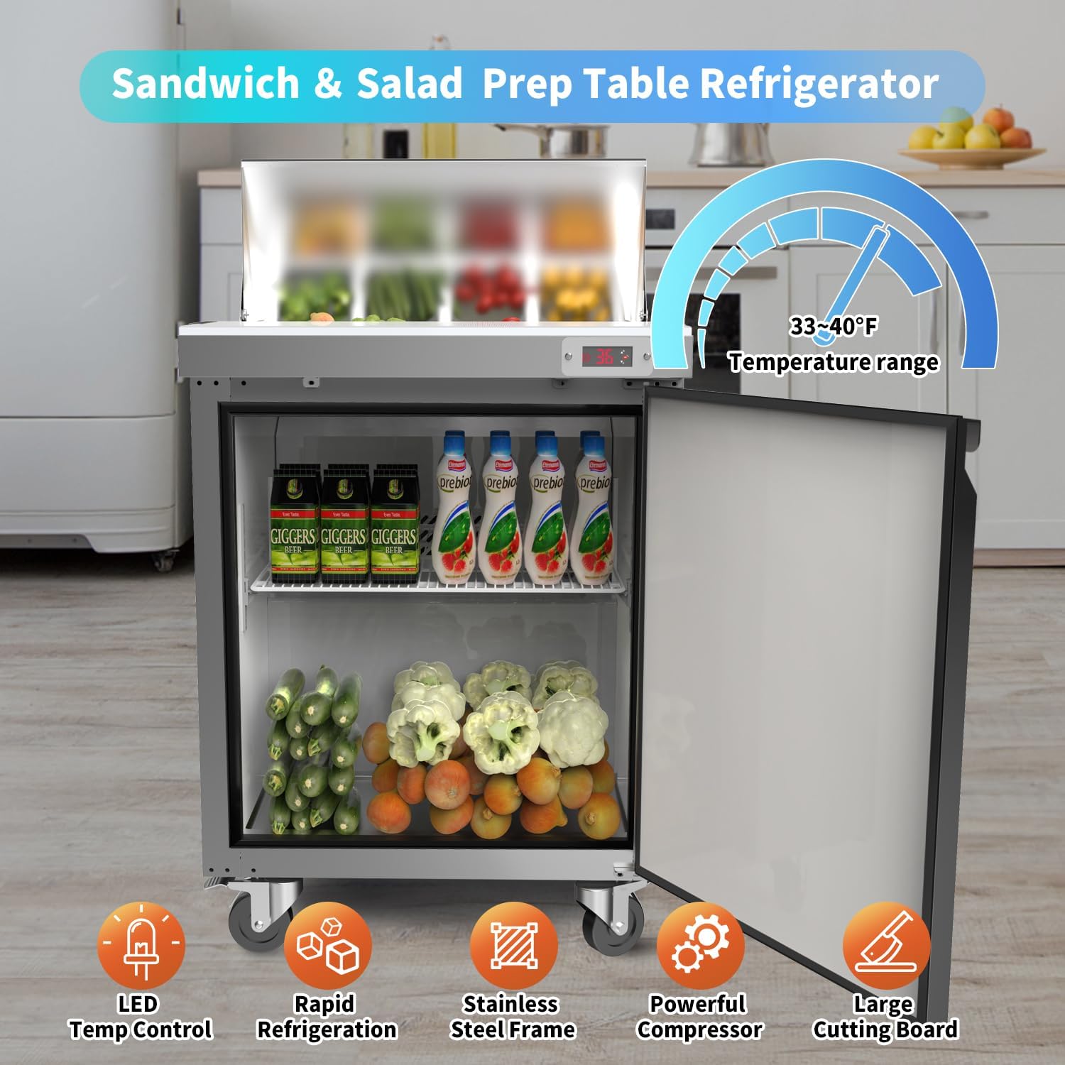 29" W Commercial Refrigerator Sandwich Salad Prep Table Refrigerator Stainless Steel with 8 Pans, Kitchen Equipment for Restaurant, Bar, Shop, Buffet, etc, ETL/NSF/DOE Approved