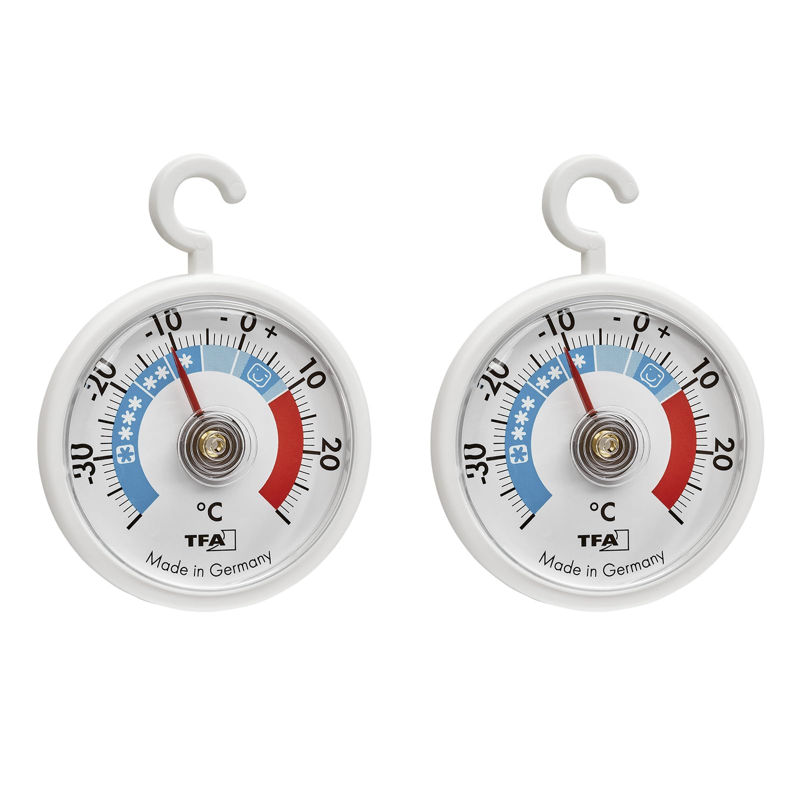 TFA Dostmann 2er Set Analoge Kühlthermometer mit Haken, 95.1036, handlich, mit Kühlzonen, für Kühlschrank, Gefrierschrank und Kühlhaus zur Temperaturkontrolle, bis -40°C, weiß