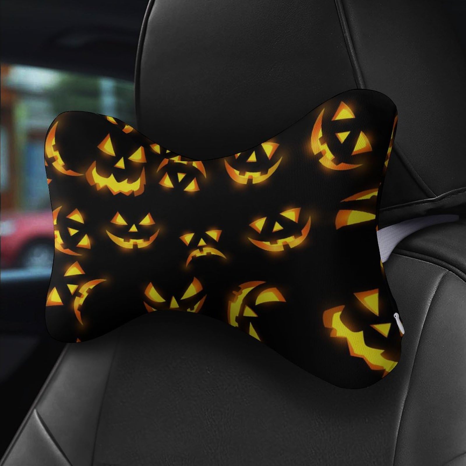 SMAZDFXX Scary Pumkins Faces Halloween Car Neck Pillow Set of 2 Car Seat Head Support Cushion Bone Pillows with Elastic Strap
