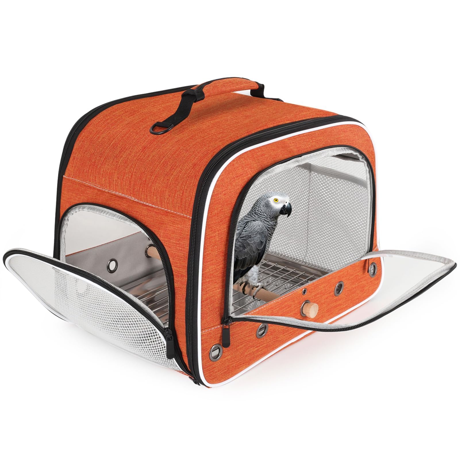 Bird Carry Carrier to Transport Large Size Parrot, Portable Bag with Metal Tray and Grid for Medium and Large Birds Like African Grey, Long Tail Cockatiel and Parrot (Orange, L)