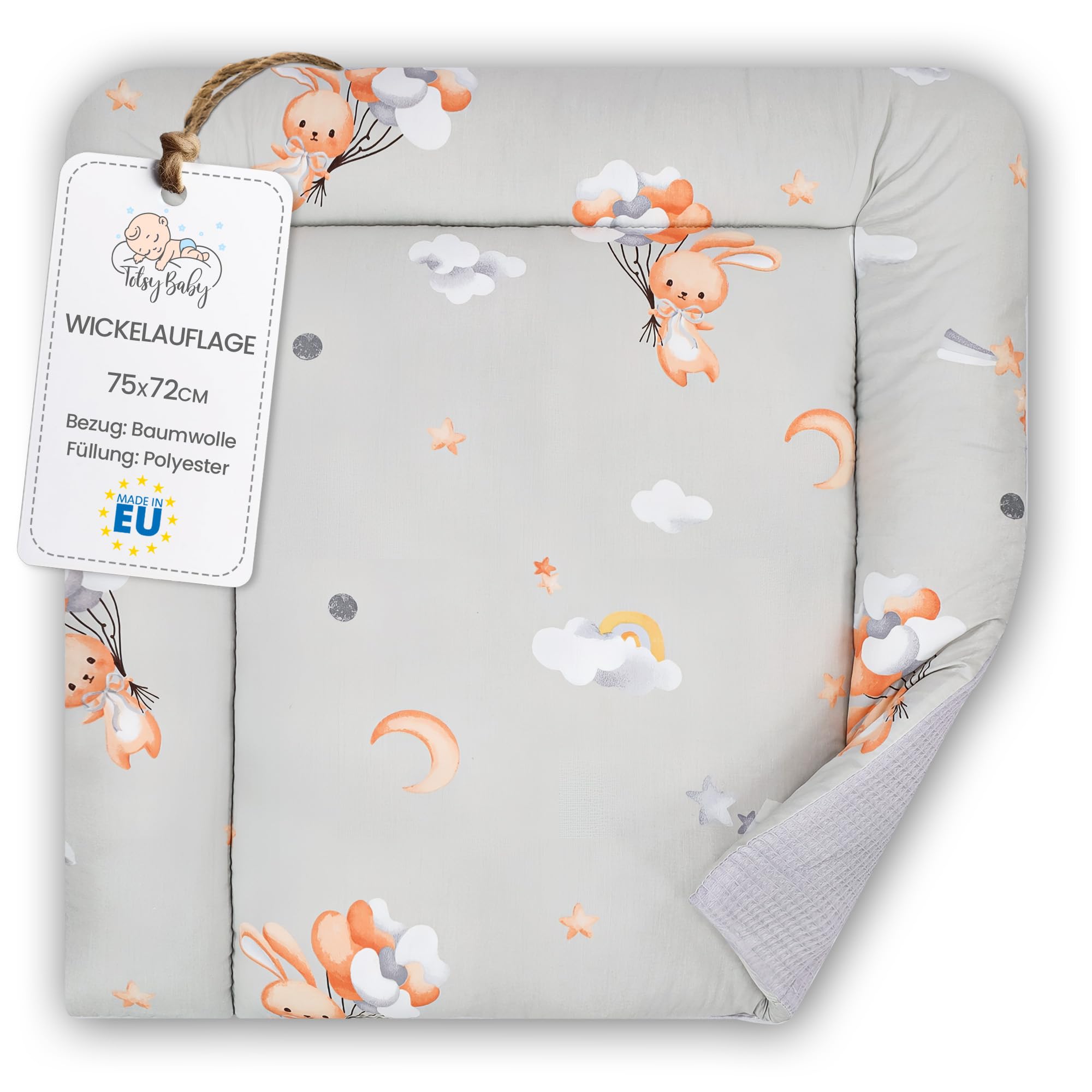 Wickelauflage Wickelunterlage aus Baumwolle 75x72 cm - Weich und waschbar Wickelunterlage für Babys Wickelmatte aus Stoff für Wickeltisch Wickelkommode oder Waschmaschine 75 x 72 Oeko-Tex Kaninchen