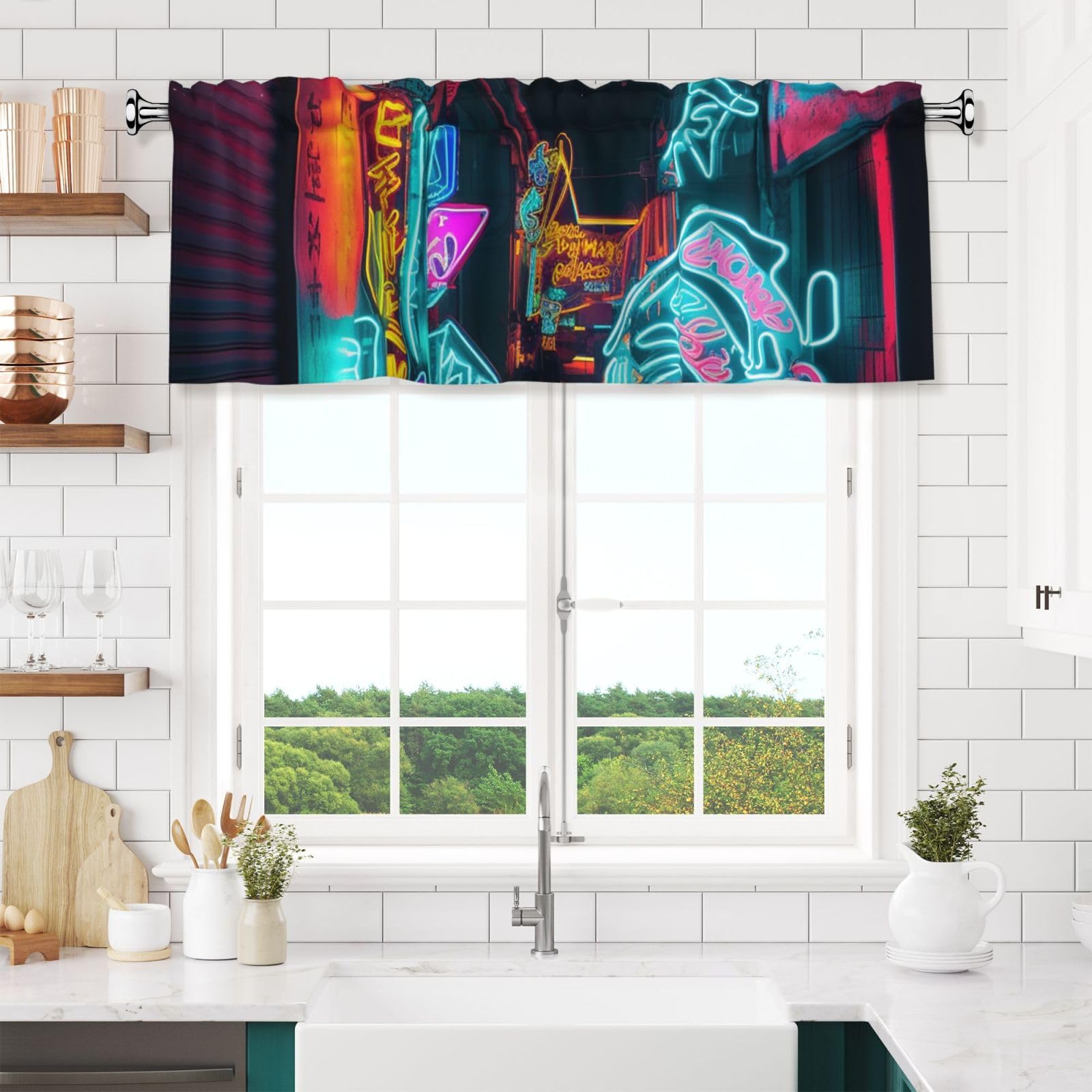 Neon Art Valances for Windows Short Curtains Rod Pocket Cafe Window Treatments Valance Curtains for Kitchen Bathroom Laundry Basement Windows 54x18inch Blackout Window Valance