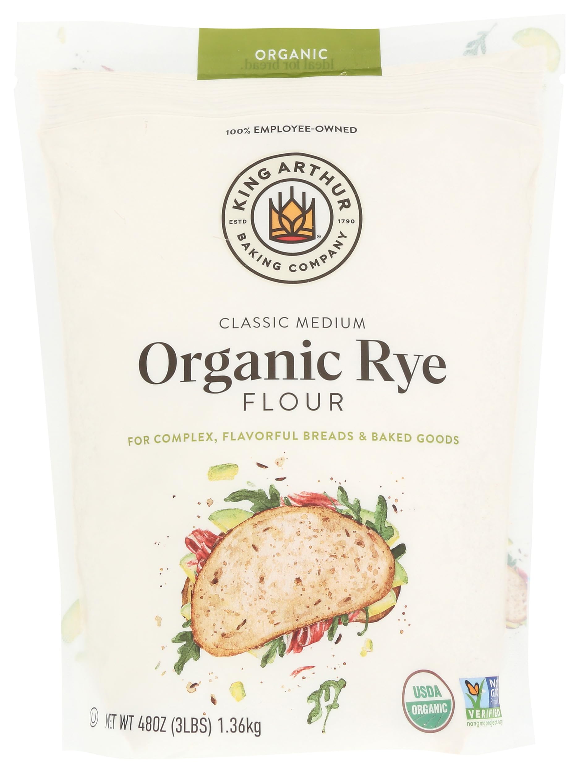 King Arthur Organic Medium Rye Flour - 3 lbs for Complex Flavorful Breads & Baked Goods - 100% US Grown & Milled - Non-GMO Project Verified - Robust Flavor for Rye Bread, Cookies & More