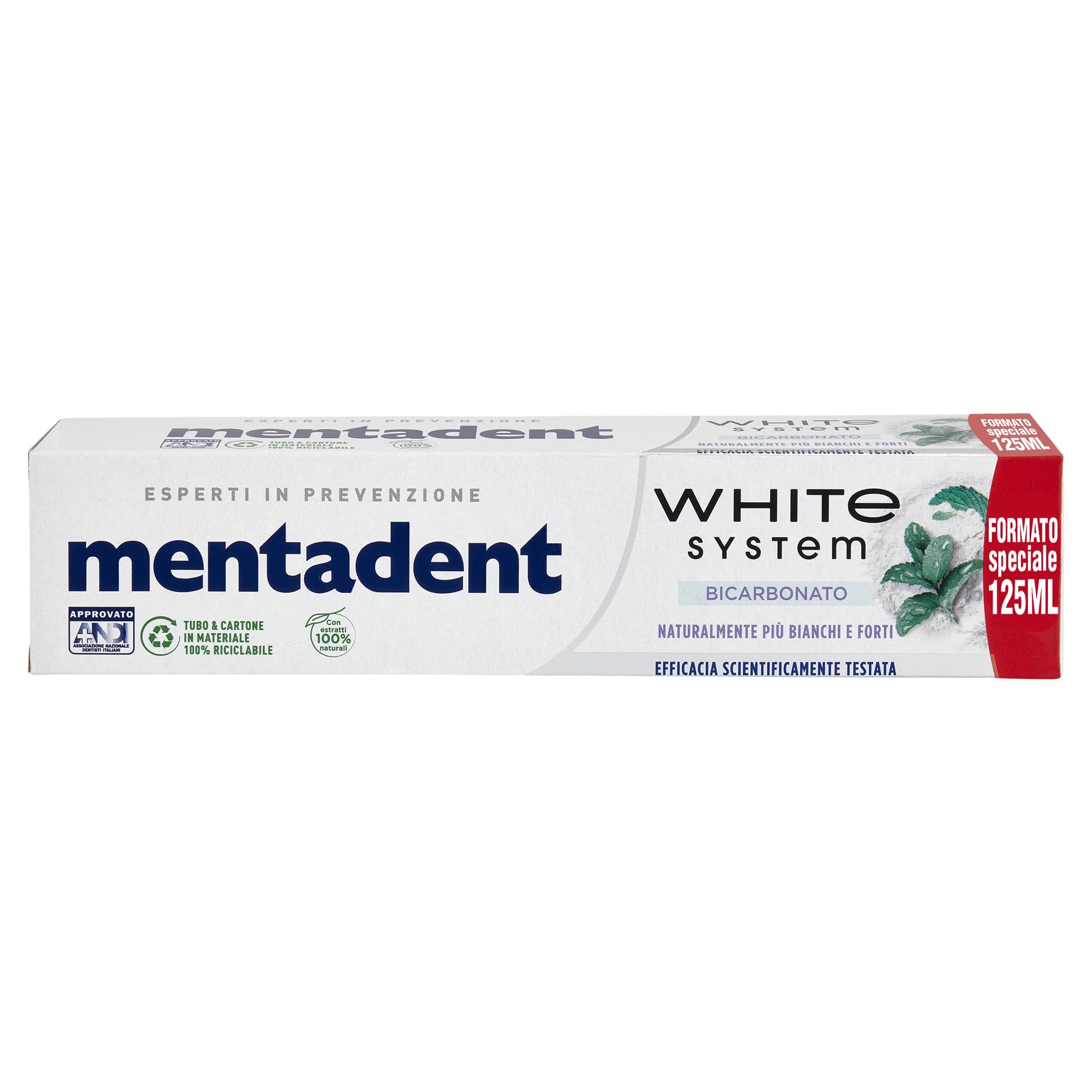 Mentadent White System Dentifricio, con Minerale Sbiancante di Orgine Naturale, Bicarbonato e Fluoro, per Denti più Forti e più Bianchi, Formula Delicata, 125 ml