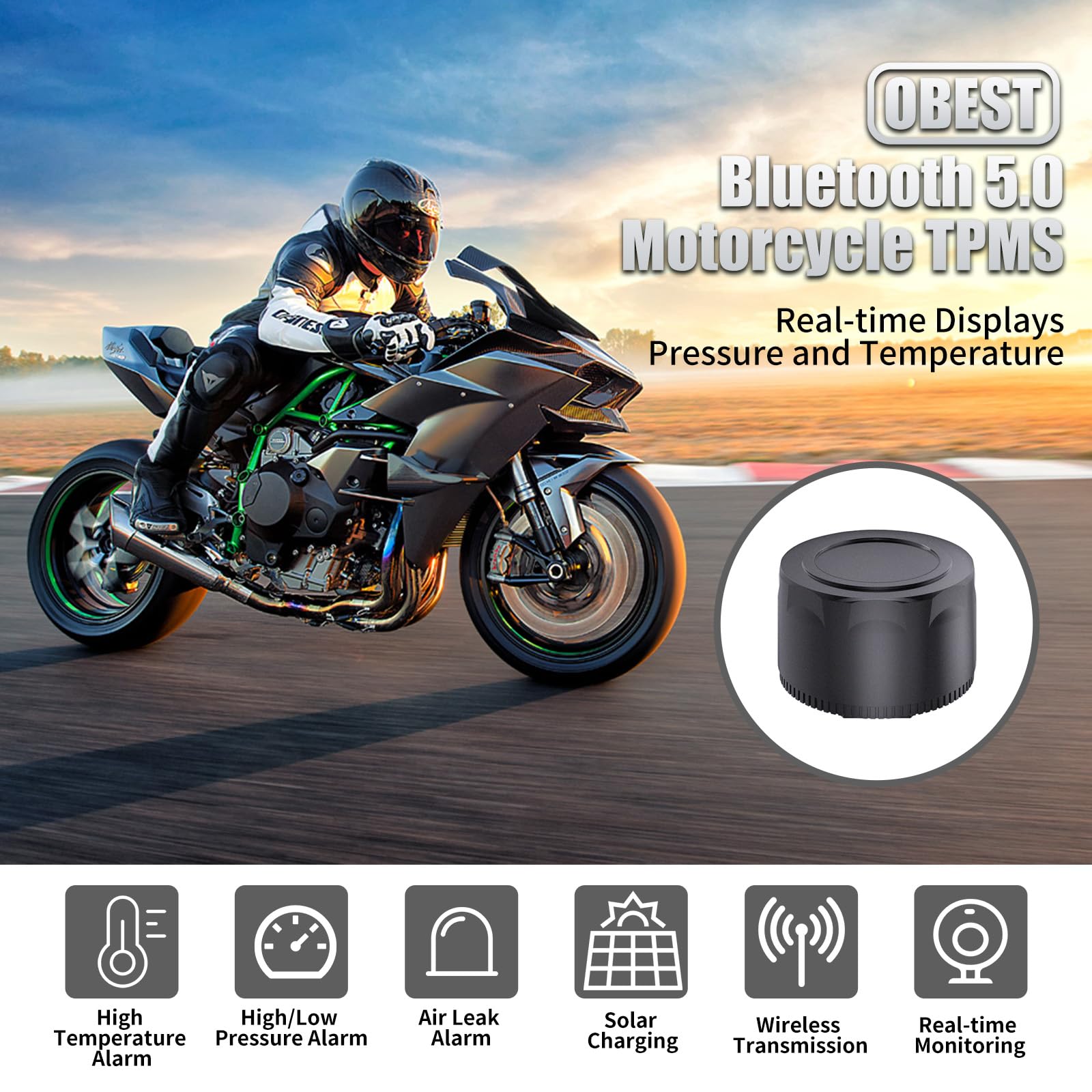OBEST Sistema de Control de Presión de Neumáticos, Motocicleta TPMS con Aplicación, 2 Sensores Externos, Bluetooth 5.0, Inalámbrica y Detector de Temperatura, Compatible con iOS y Android