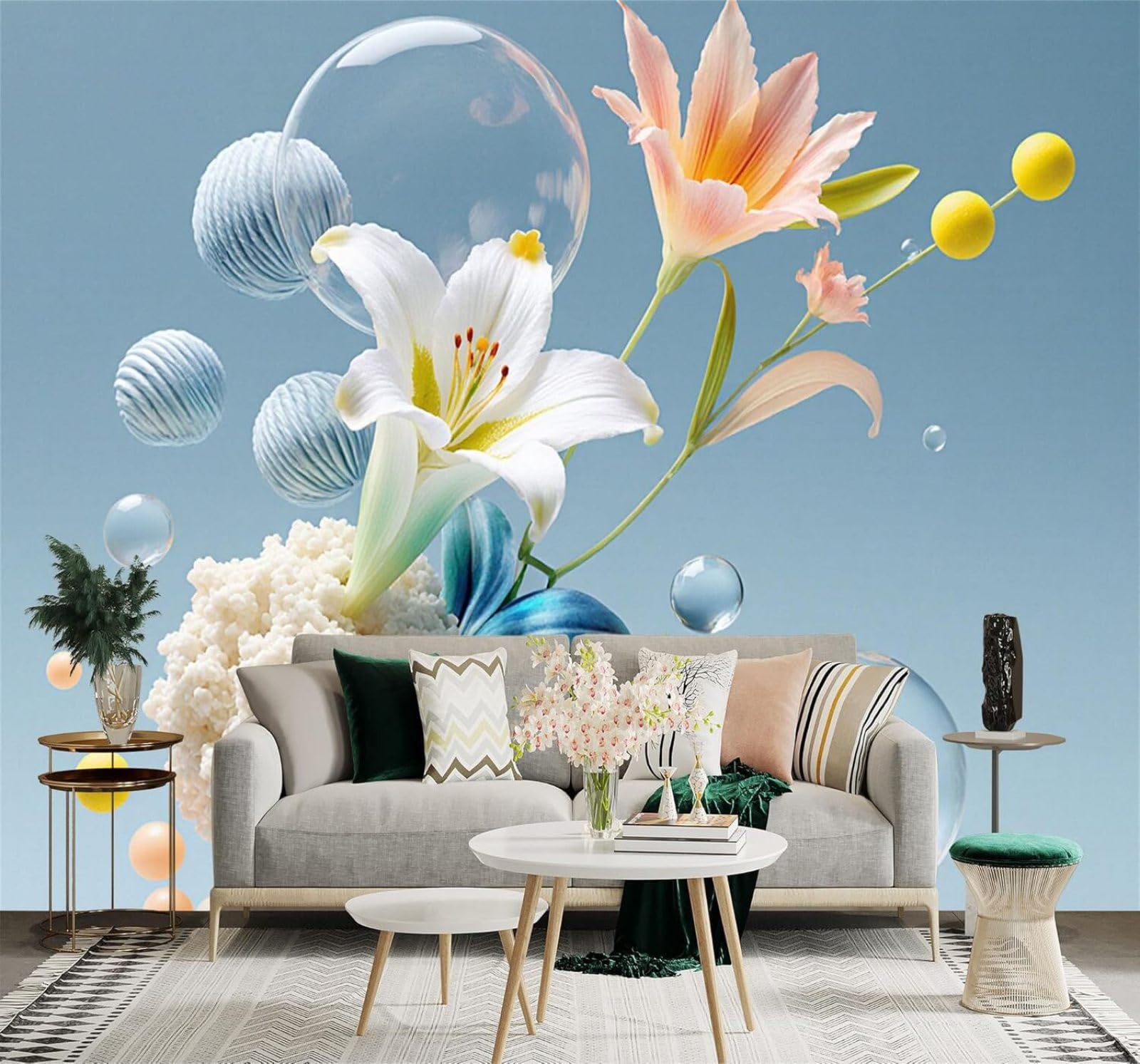 XLMING Fresh Elegant Lilies Blue Spheres Floating Bubbles 3D Wallpaper Premium Textured Silk Study Dining Living Room Bedroom Sofa TV Wall Easy Install-200cm×140cm