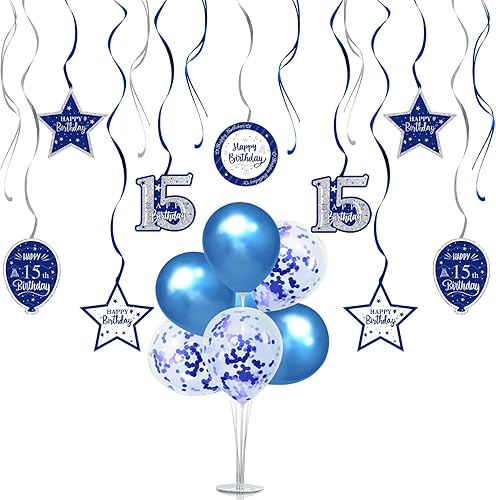 Juego de decoraciones para fiesta de cumpleaños de 15 años, serpentinas azules con soporte de globo de mesa azul, decoraciones de fiesta de disponible en Yaxa Venezuela