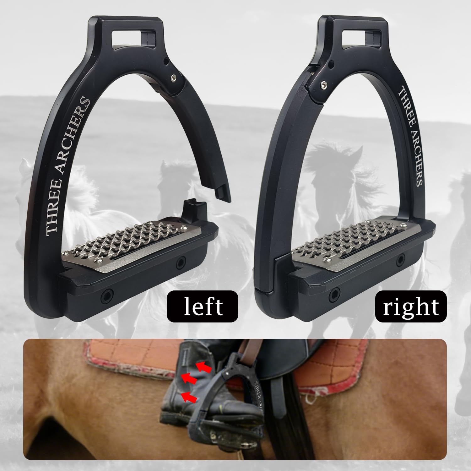 THREE ARCHERS Staffe di sicurezza con apertura laterale per adulti, staffe staccabili con battistrada in acciaio inox antiscivolo da 11,9 cm, attrezzatura per equitazione per principianti equestri
