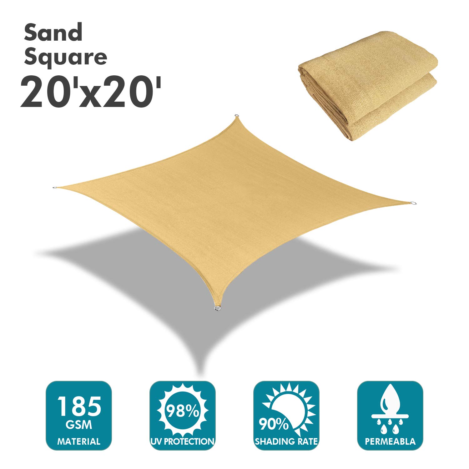 KANAGAWA Sun Shade Sail 20'x20' Sand Rectangle UV Block Canopy Awning Shelter Fabric Cloth Screen for Outdoor Patio Garden Backyard