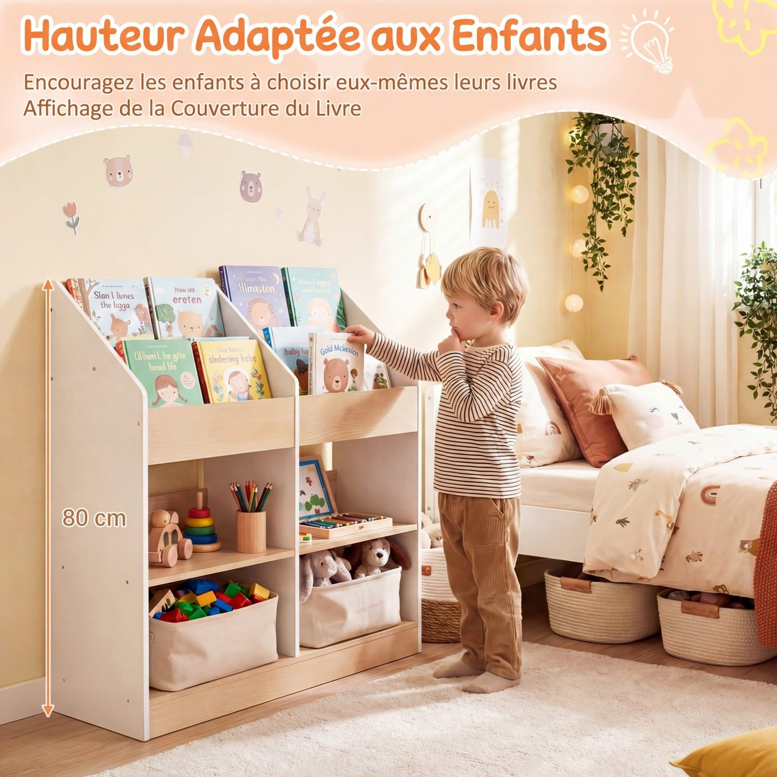 COSTWAY Bibliothèque Enfant en Bois avec 4 Cubes et 4 Compartiments Ouvertes, Étagère à Livres Enfant avec Kit Anti-basculement, Organiseur de Jouets pour Salle de Jeux Crèche