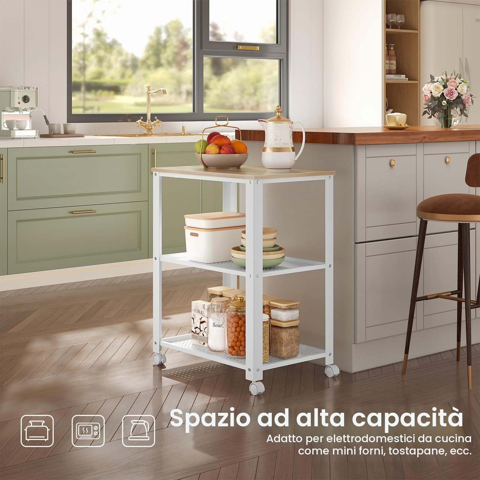 WOLTU Carrello da Cucina a 3 Ripiani, con 4 Ruote Girevoli, per Cucina, Sala da Pranzo, Soggiorno, Legno e Metallo, 60x40x76cm (Bianco+Rovere Chiaro)