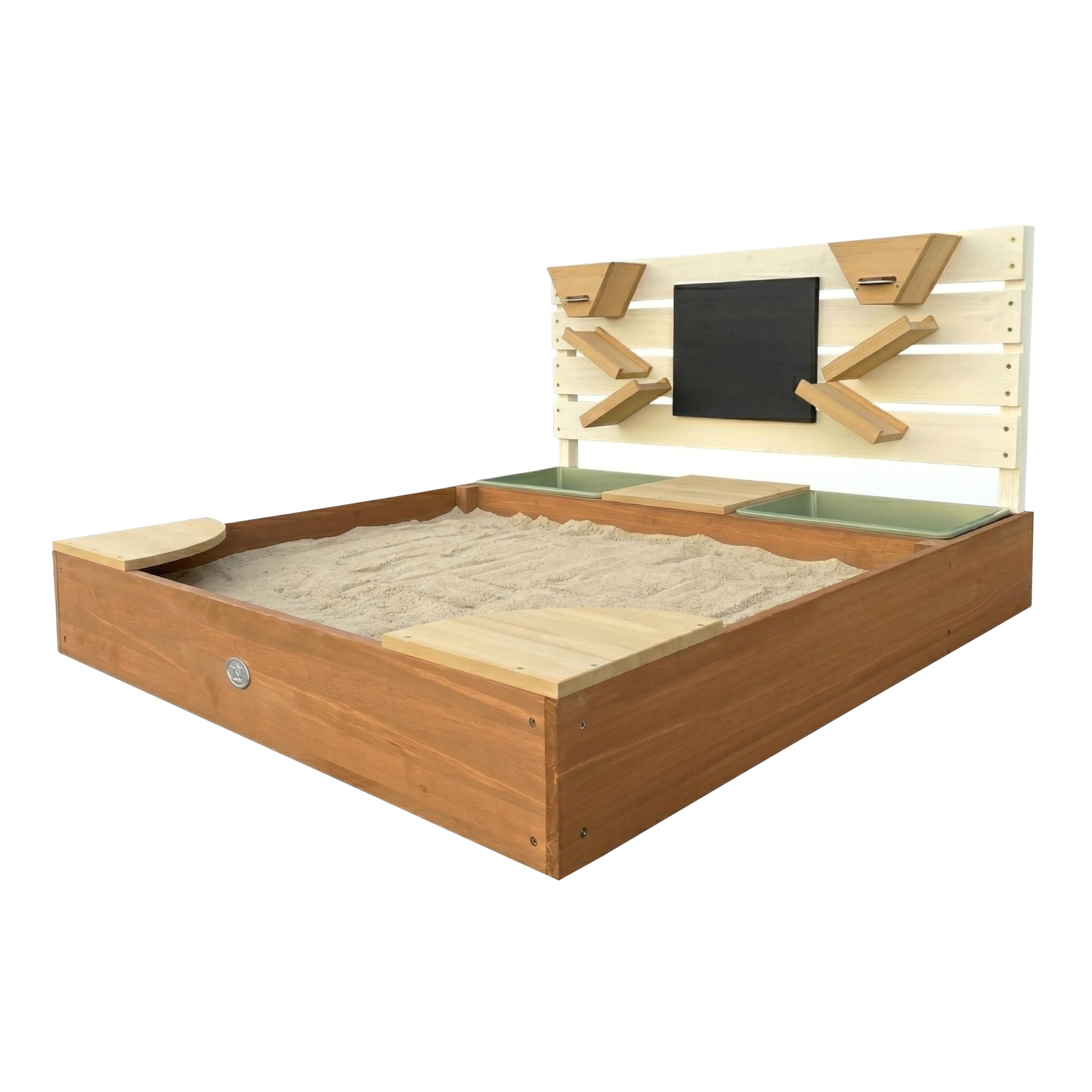 AXI Cato Sandkasten aus Holz mit Behältern für z.B Wasser, Stauraum, Kreidetafel & Spielwand - Beige und Braun | Sandkasten inklusive Trichter | Mit Plane & Bodentuch | 105x100x58,5 cm
