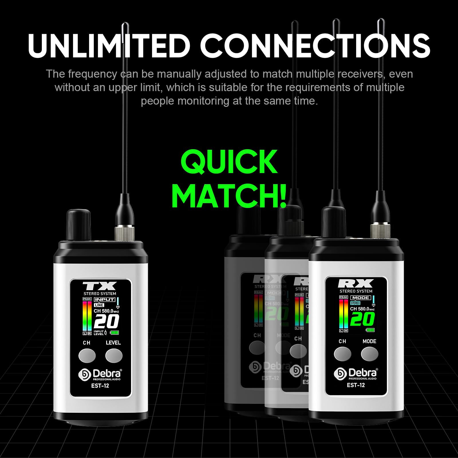Debra EST-12 Sistema de Monitorización Inalámbrico UHF Profesional In-Ear, 0ms Latencia, Alcance Extendido, Carcasa Metálica para Conciertos y Estudio (1 Pcs)