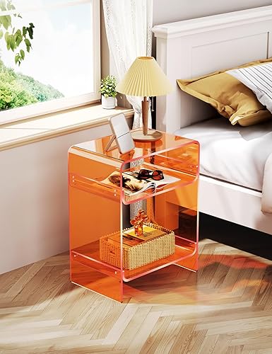 Miniatura 9 de Mesa auxiliar de acrílico para tocadiscos con estante de almacenamiento, mesa auxiliar transparente (naranja, 17.7 x 22.8 x 11.8 pulgadas)