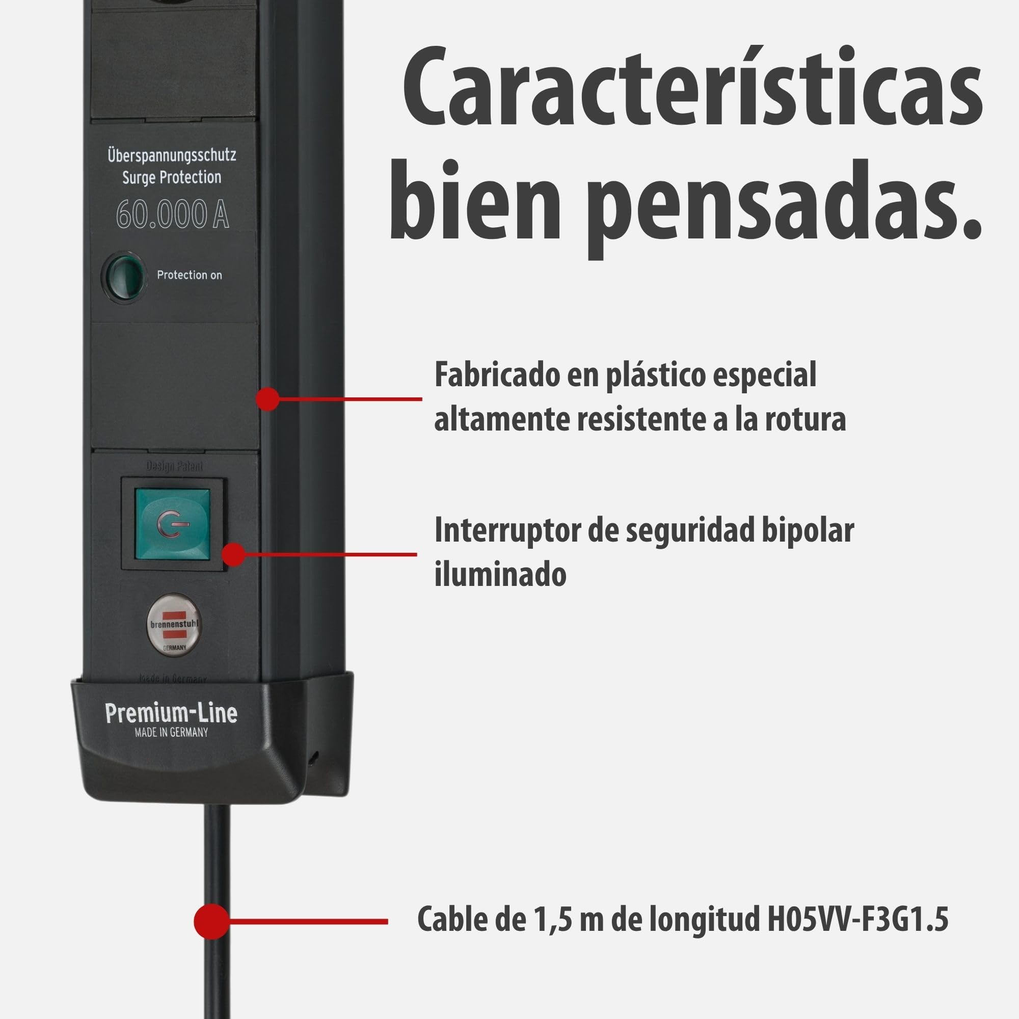 Brennenstuhl Premium-Line regleta enchufes de 4 Tomas con protección contra sobretensiones hasta 60.000A (Cable de 1,8m, Interruptor, montable, Fabricado en Alemania) Negro