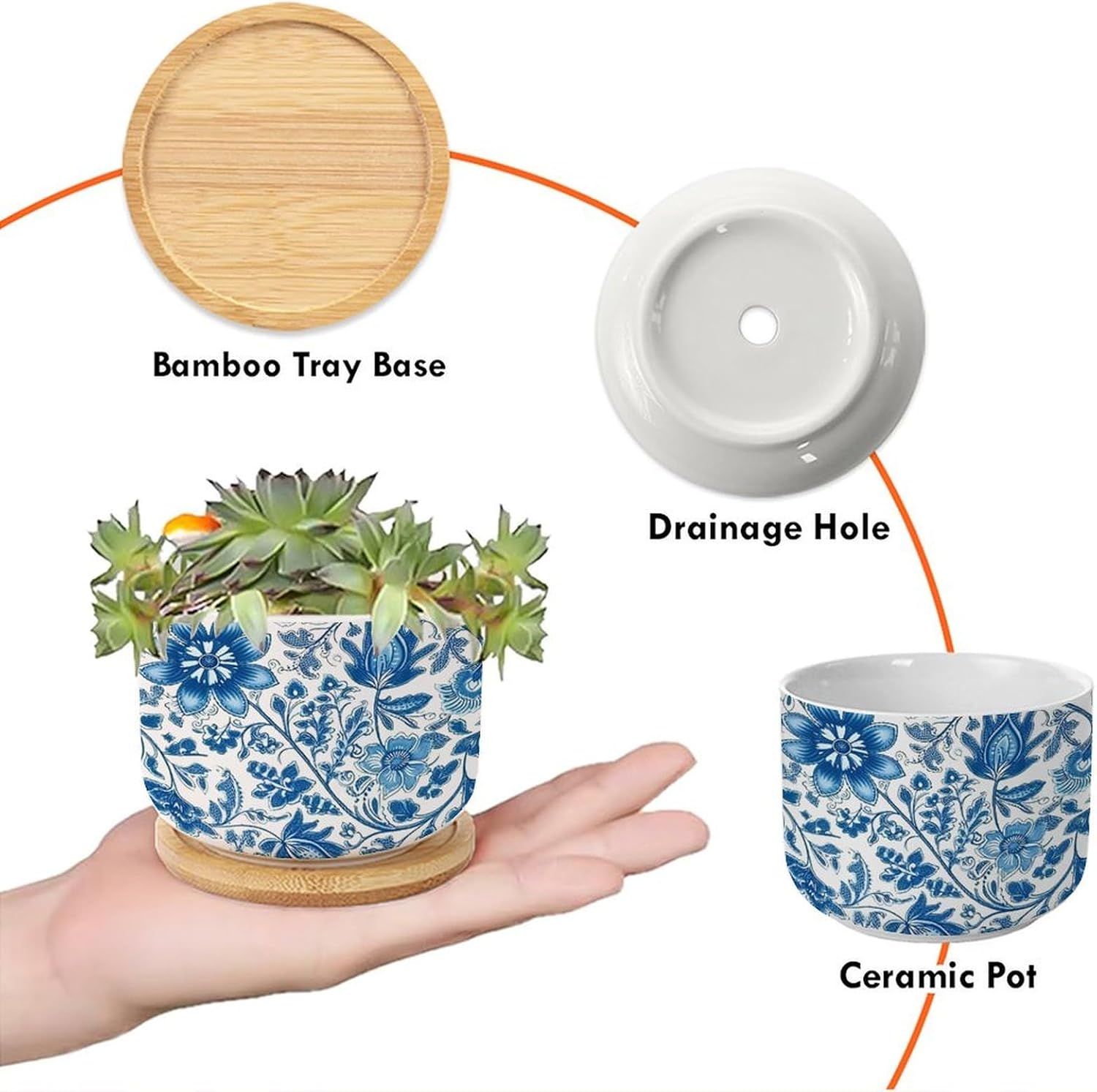 Set of 5 Chinoiserie Style Blue Flower Small Flowers Pots Indigo Blue Peony Rose Floral Ceramics Planters with Drainage Holes Chinoiserie Style Garden Decor Succulent Pot