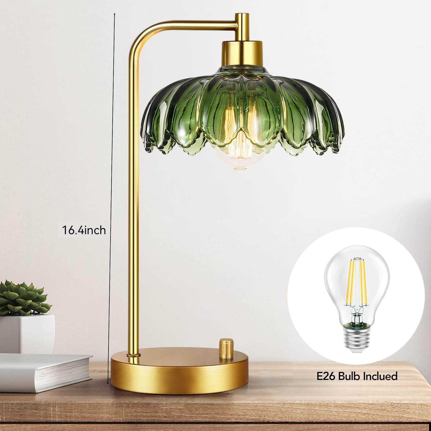 ILLMTW Glass Table Lamp Set of 2,Small Gold Bedside Lamps Dimmable Boho Bedroom Lamp with Tulip Flower Green Lamp Shade,Vintage Mid Century Modern Mini Nightstand Lamp for Bedroom Living Room
