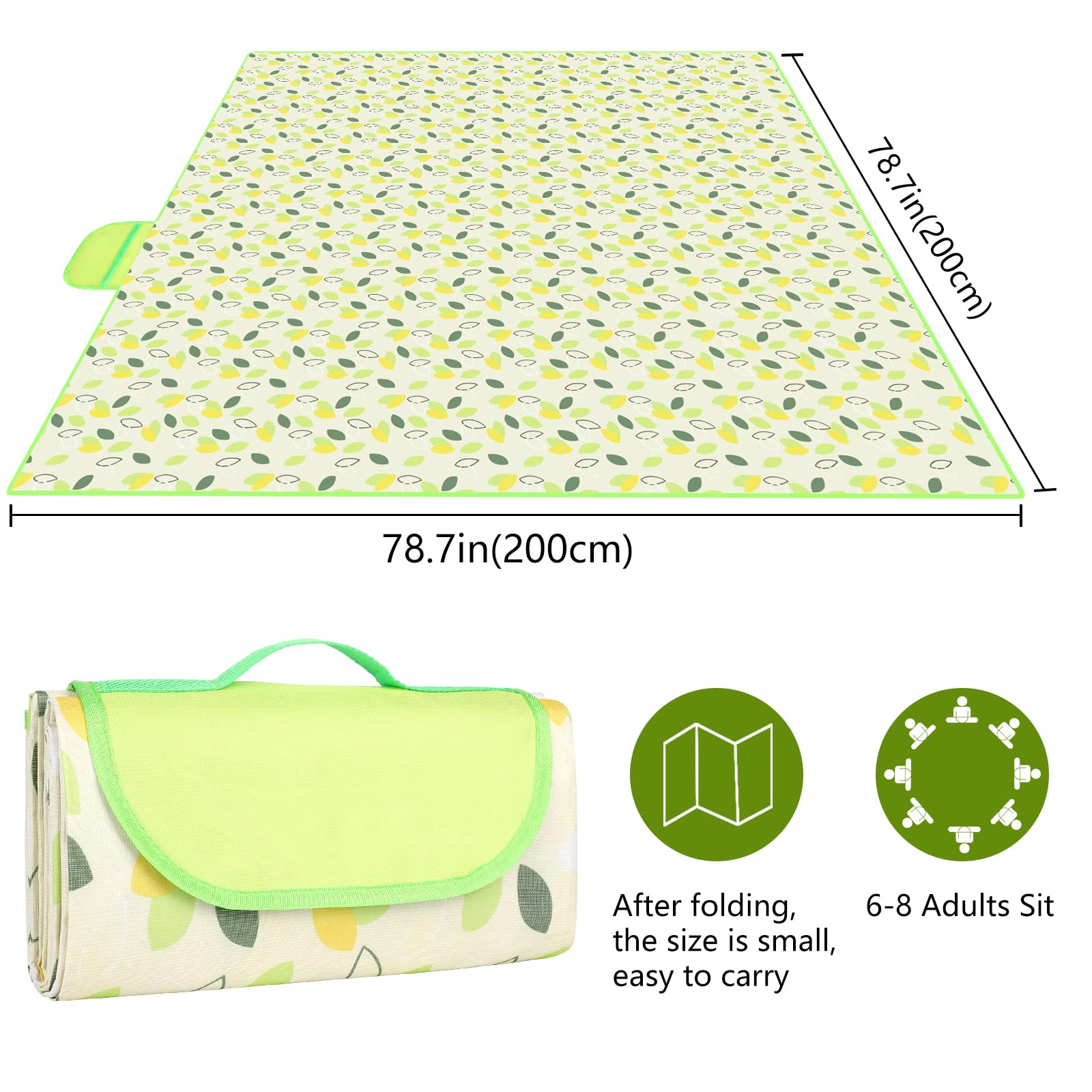 Eucomir Coperta da Picnic Portatile 200 x 200 CM, Impermeabile Pieghevole con Manico,Unisex,per Outdoor Giardino Campeggio,Piccola Foglia Volante