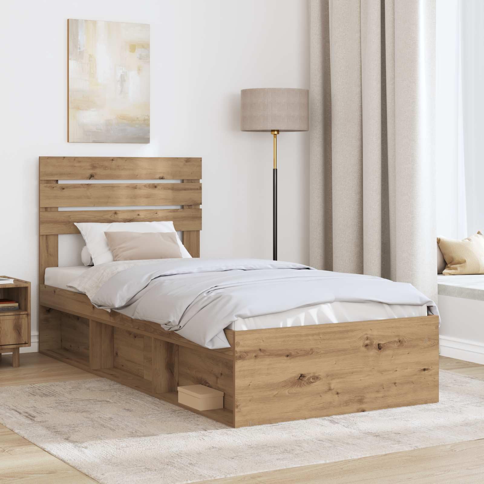 Nowoczesna rama łóżka z zagłówkiem, lite drewno sosnowe i zaprojektowane drewno, 100 x 200 cm, wykończenie rzemieślnicze dębowe, stabilne slats, łatwy montaż, do sypialni, pokoju gościnnego
