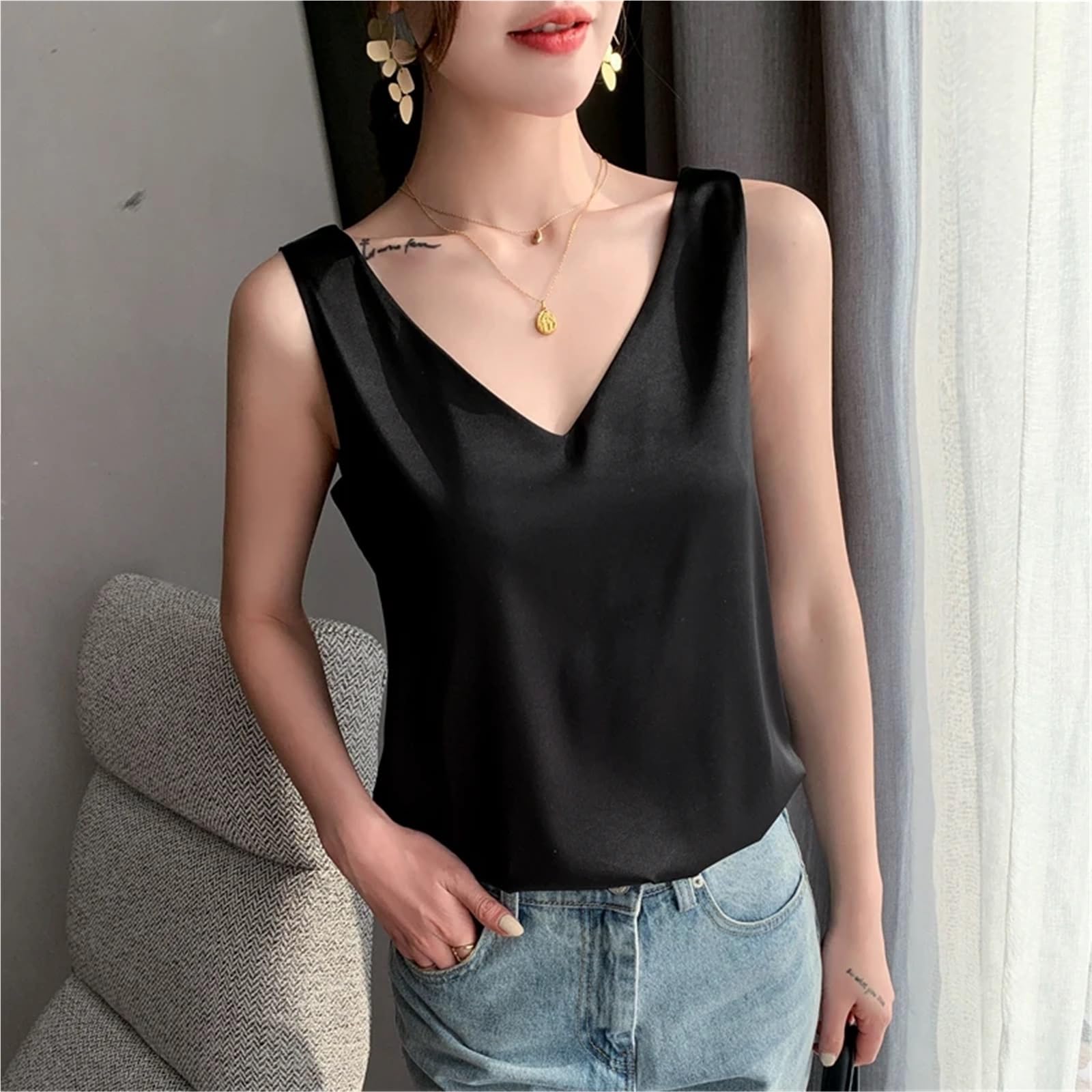 Camisola SóLida BáSica Chaleco de Tirantes Seda for Mujer, satén Liso, Estilo Jersey Salvaje Primavera, con Escote en V Interior Delantero y Trasero, Fino for Verano para Niña Camisola