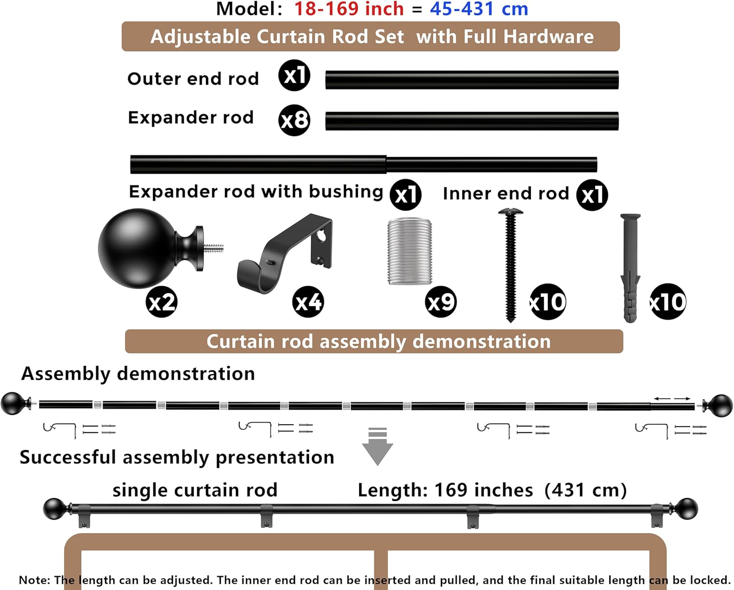 Curtain Rods 169 Inch for Window 160 Inch, Adjustable Length Heavy Duty Ball Finials Diameter 7/8 inch,13 ft, Black