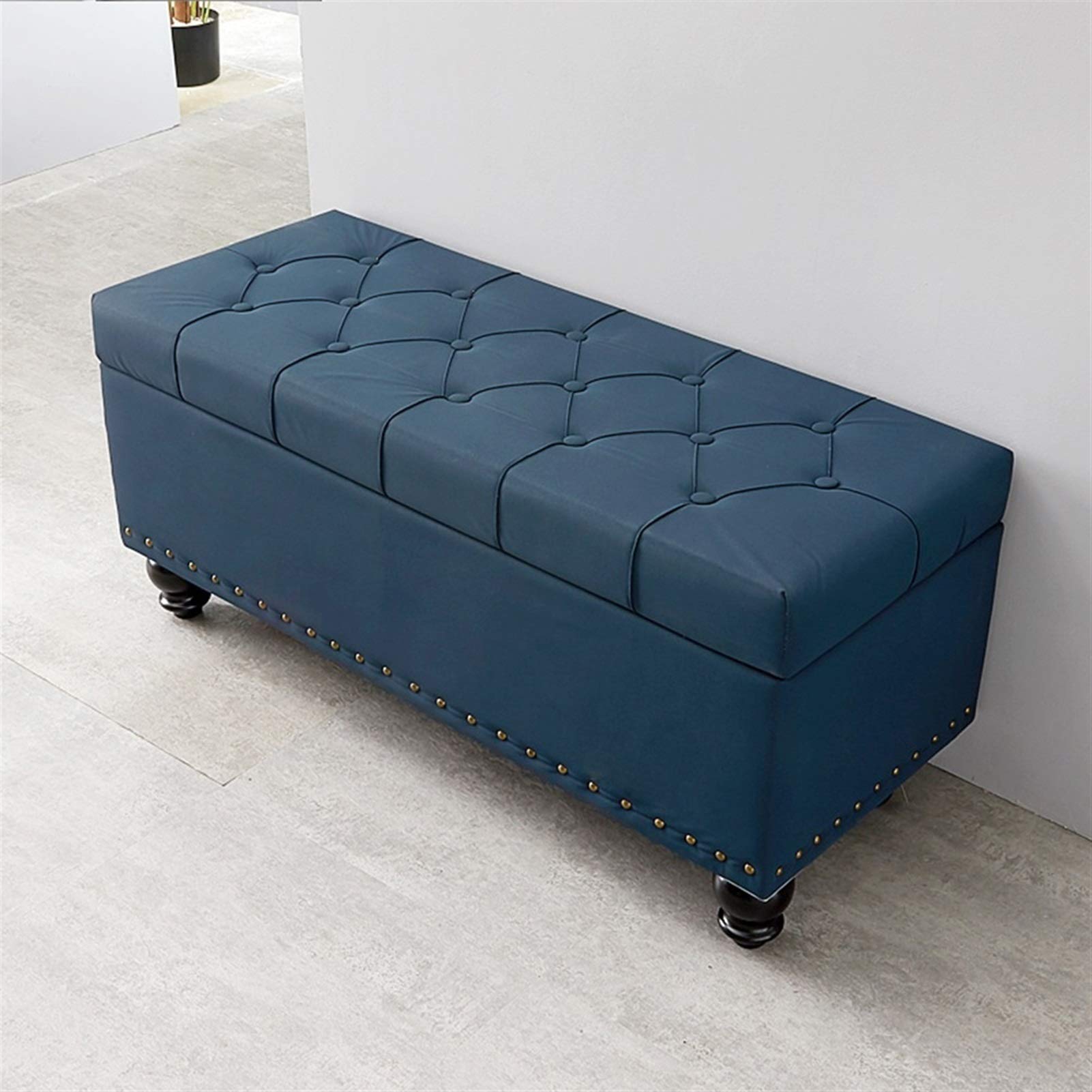Elegante reposapiés otomano azul con almacenamiento de juguetes, patas de madera maciza, piel sintética, 60 x 40 x 45 cm, decoración funcional para el hogar, sala de estar y dormitorio