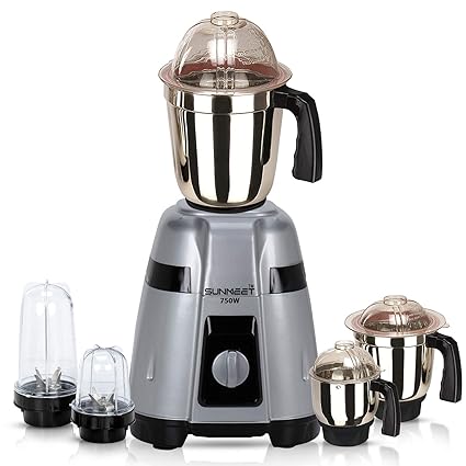 Sunmeet GLYGMA21 750Watts Mixer Juicer Grinder with 5 Jars (2 Bullets Jar, 1 Liquid Blending Jar, 1 Dry Grinding Jar and 1 Chutney Jar) - Grey