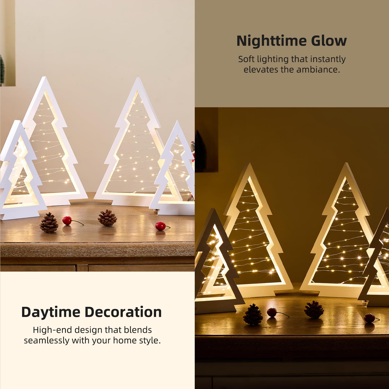Lot de 4 sapins de Noël en bois avec lumières - Compartiment à piles caché - Arbres de Noël lumineux en bois pour les vacances, les fêtes d'hiver, le bureau, la cheminée de la maison (blanc)