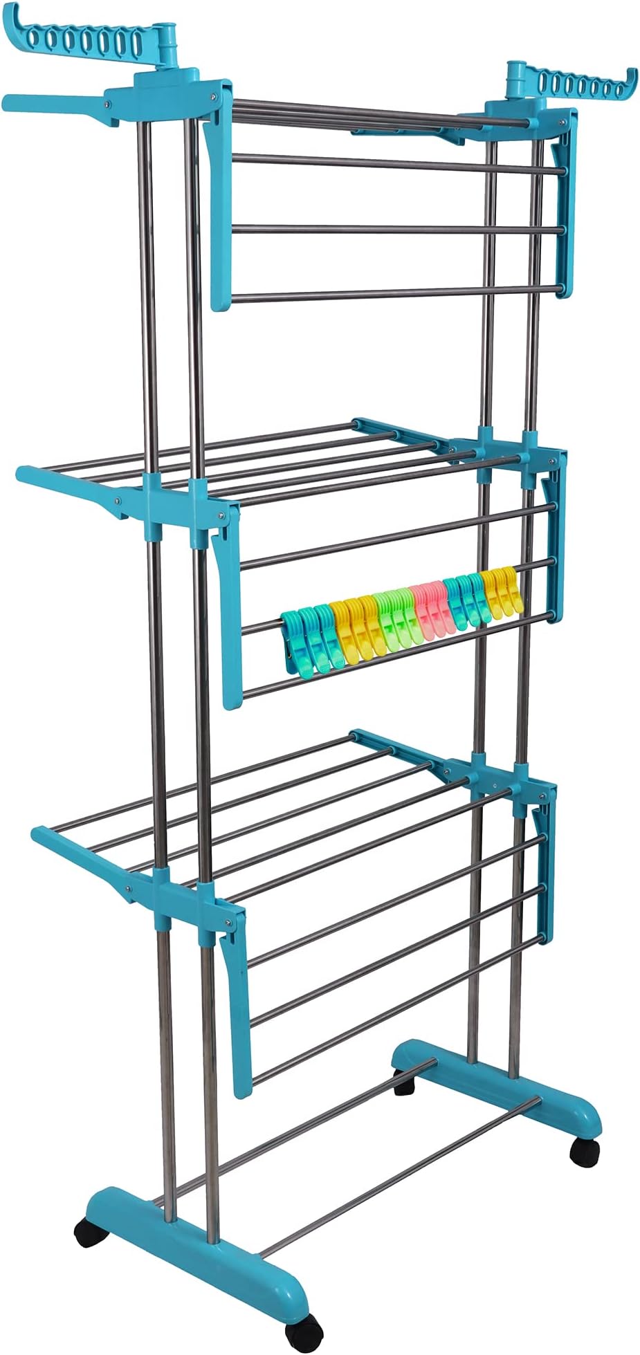 LIVINGBASICS Cloth Drying Stand Stainless Steel & ABS 3 Tier/Layer Foldable Clothes Dryer Rack/Folding Laundry Dry Stands with Wheel for Home/Indoor/Outdoor/Balcony (Cyan Blue + Rod Clips)
