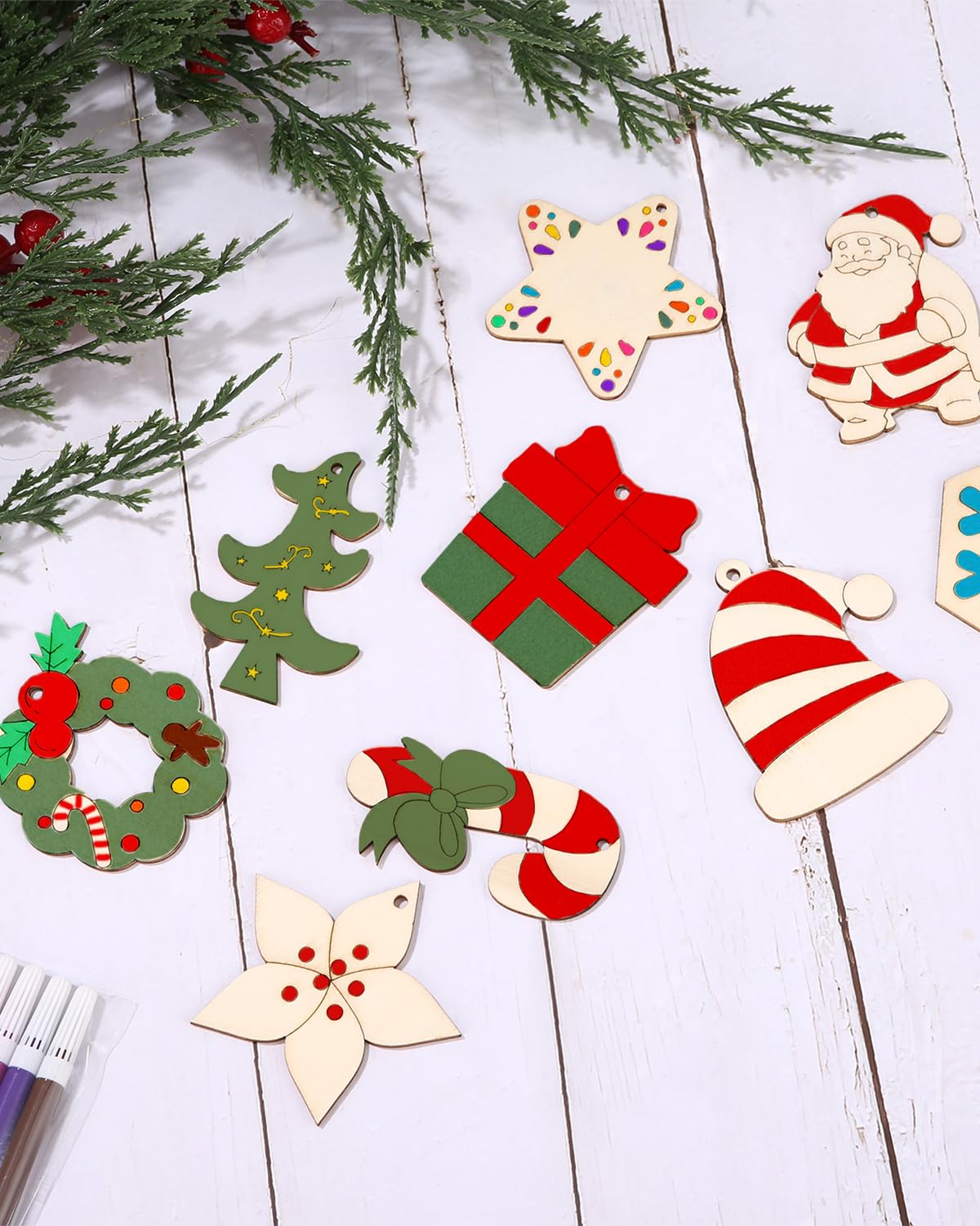 410 Piezas de Madera Pintadas de Navidad Colgantes de árboles de Navidad de Madera, Decoración de árboles de Navidad