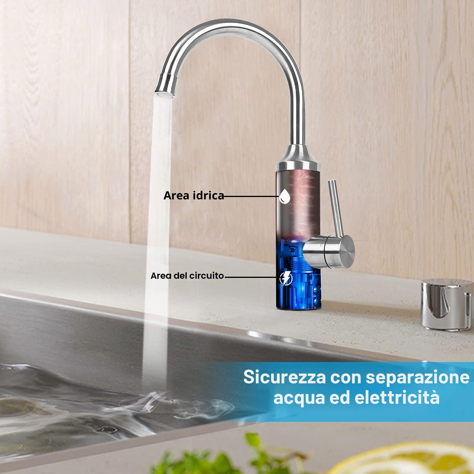 Rubinetto elettrico con scaldabagno istantaneo (230 V, display LCD, rotazione a 360°, con scaldabagno istantaneo per cucina)